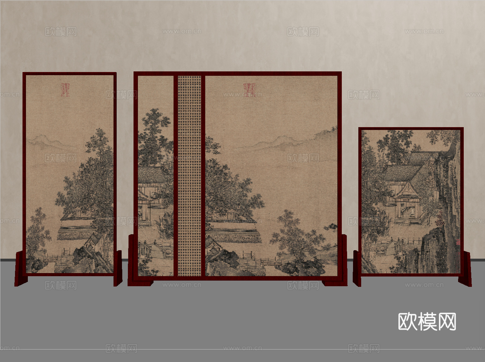 新中式屏风隔断 宋式风隔断su模型