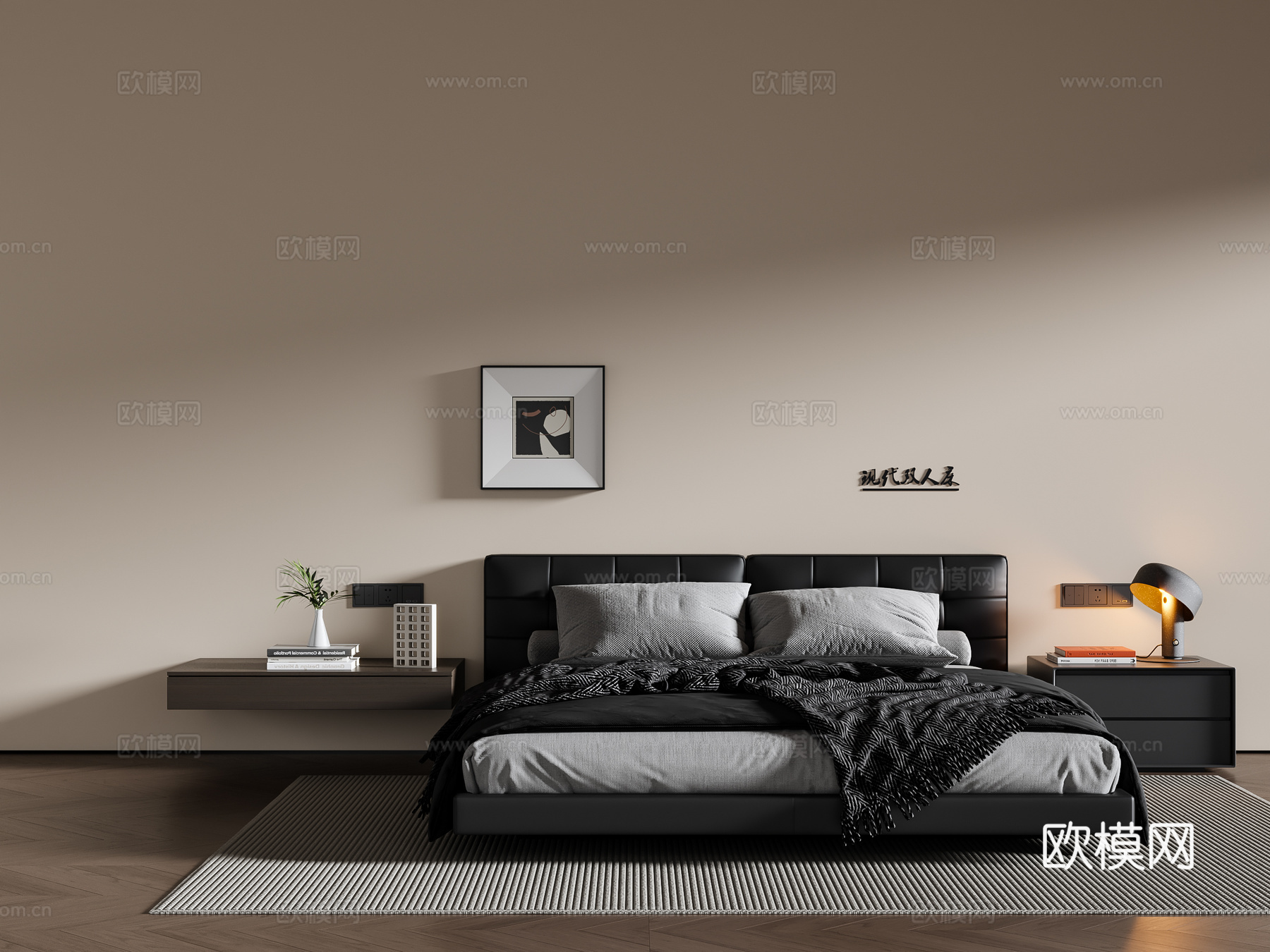 现代意式双人床 皮质双人床 床头柜 挂画 地毯3d模型下载