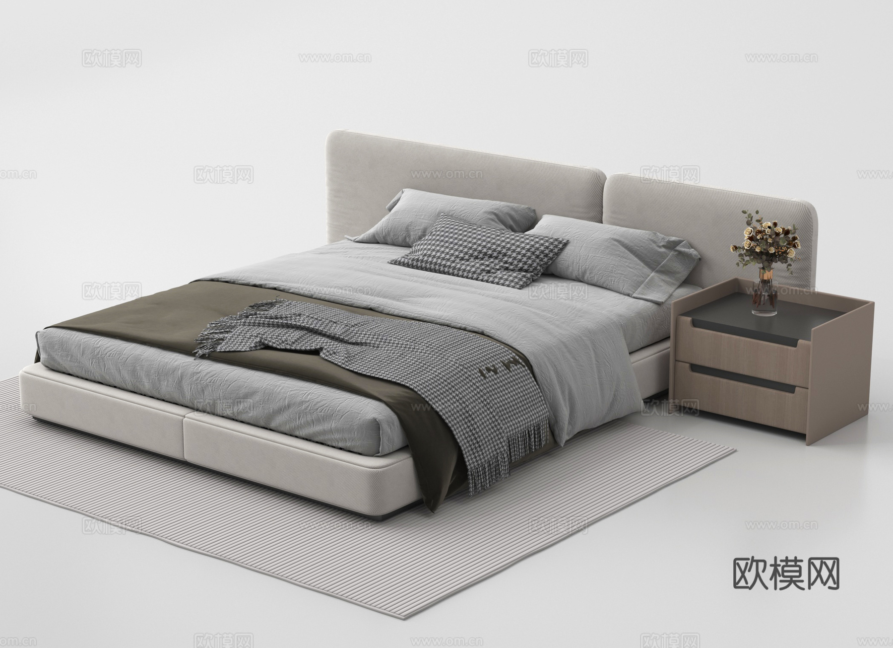 现代双人床 床头柜su模型