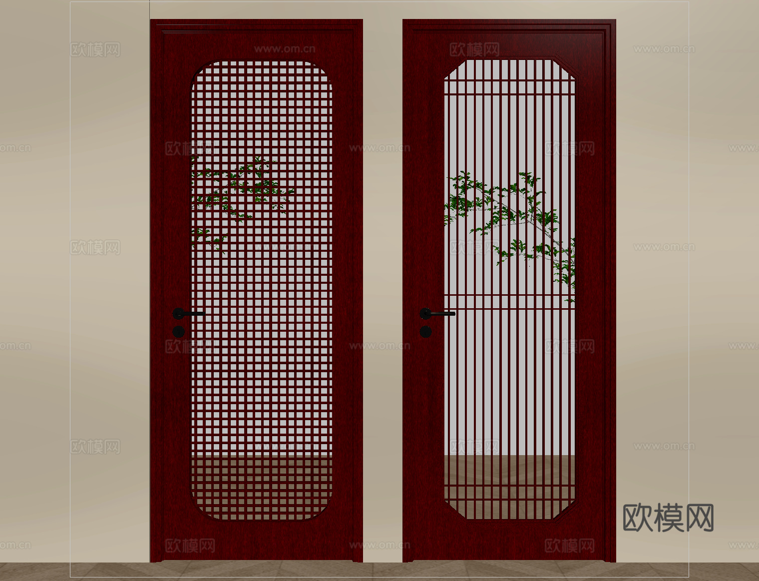 新中式门 格栅门 玻璃门 平开门su模型