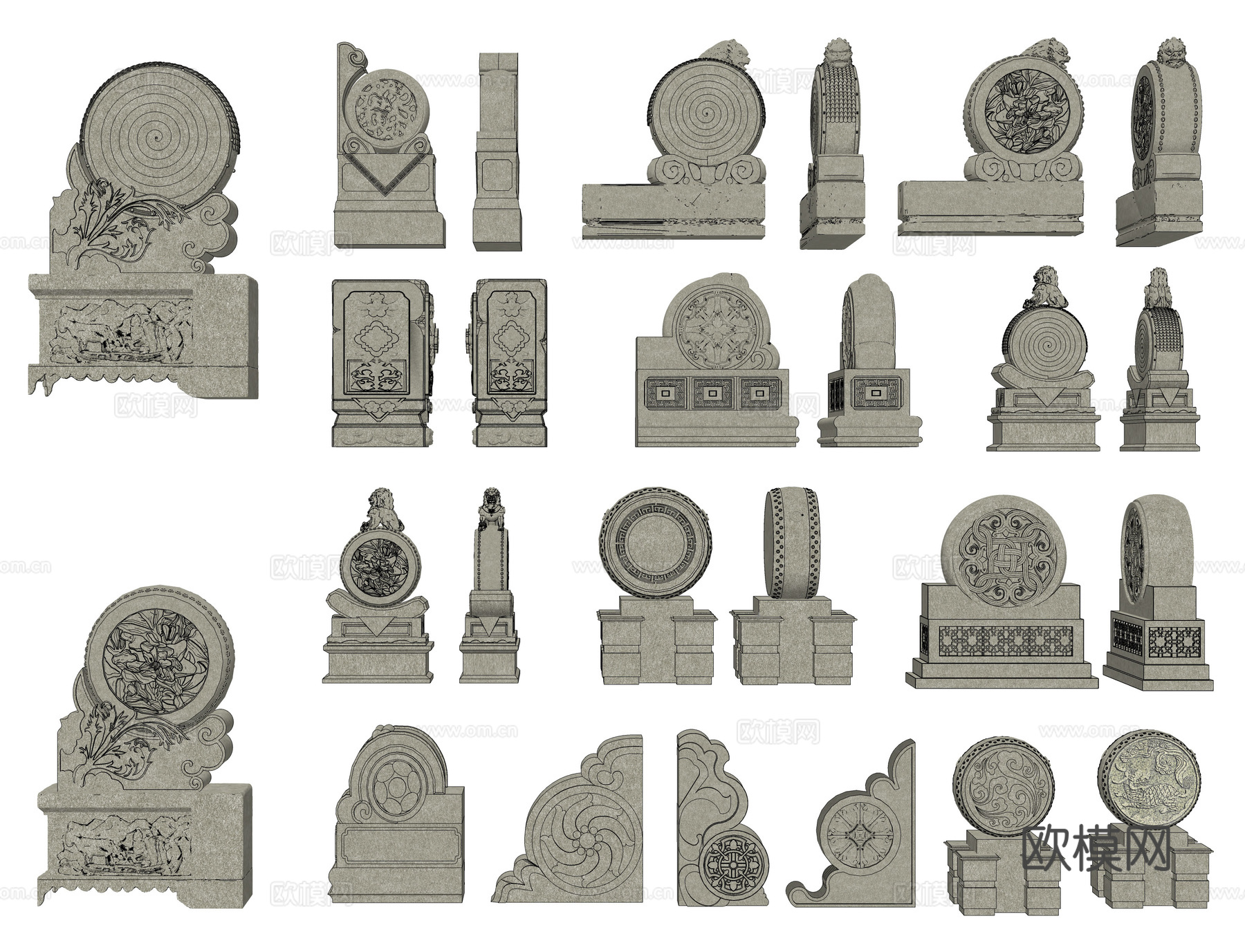 中式抱鼓石 石墩 门枕石 门墩 门座 镇门石 门台 石雕su模型