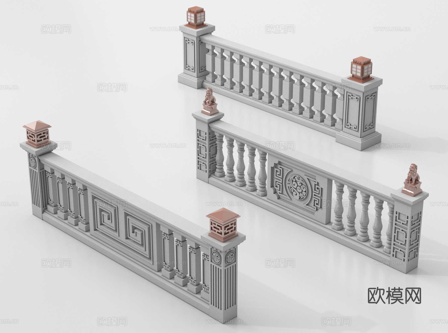 新中式石材栏杆 围栏 护栏 栏杆su模型
