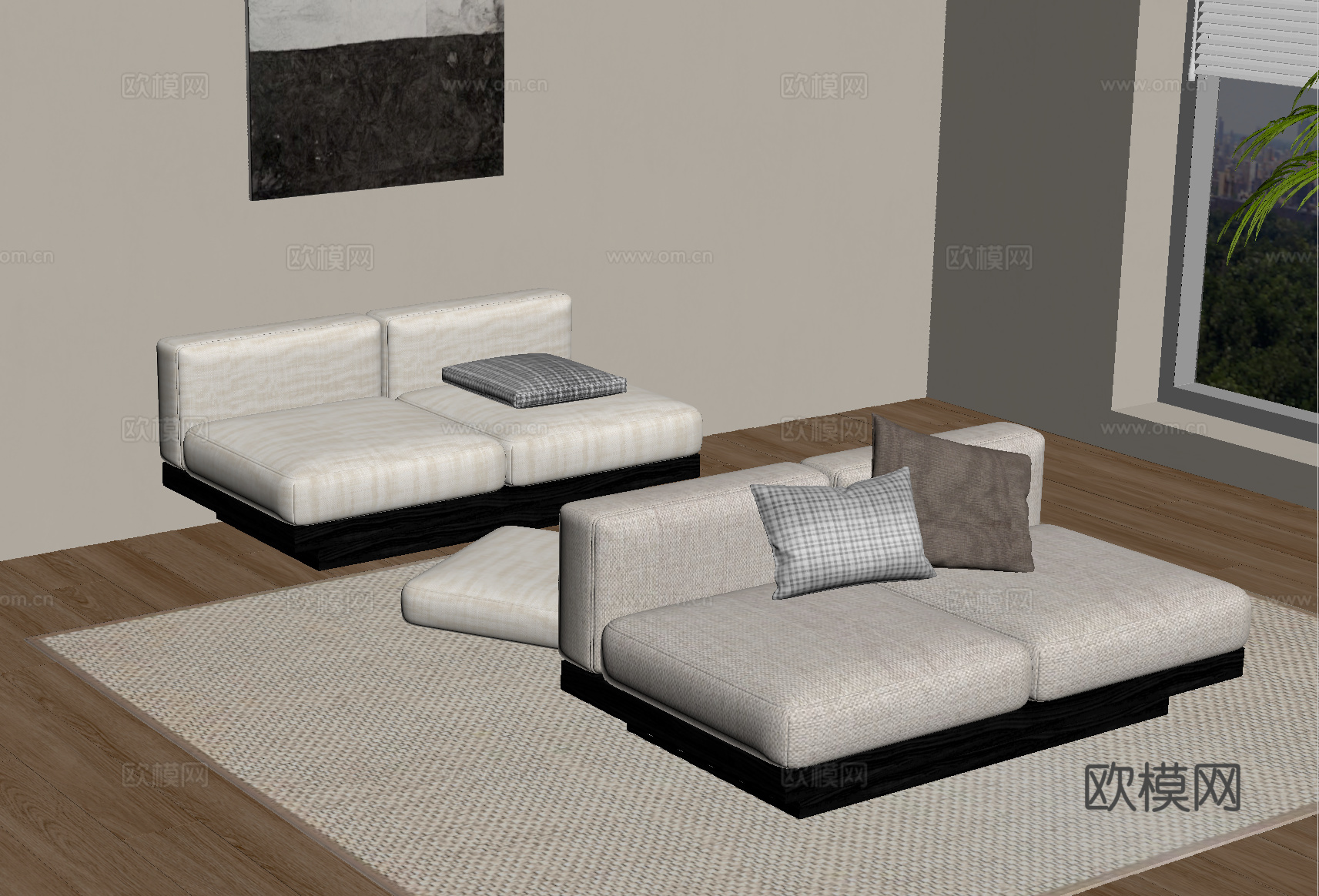现代双人沙发 沙发垫su模型