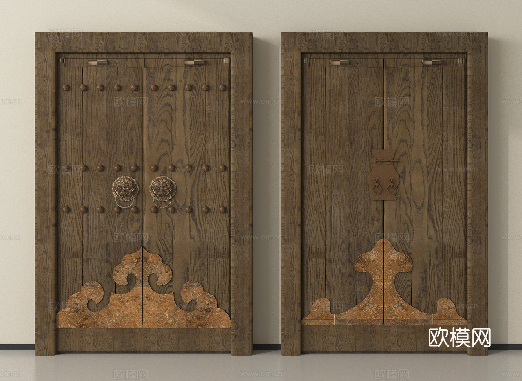 中式实木大门 双开门 别墅大门 庭院门3d模型下载