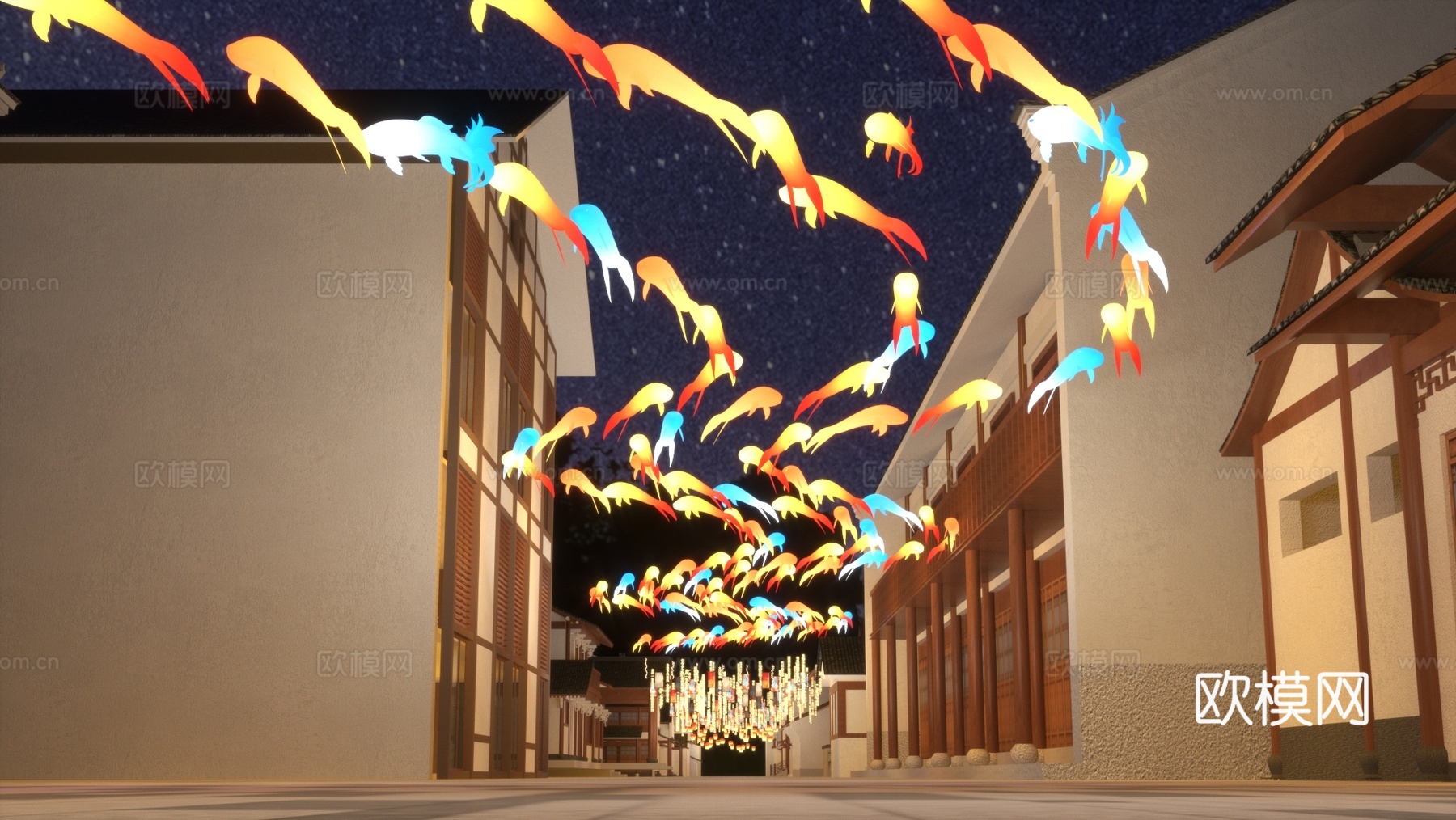灯笼街道 灯笼吊饰 诗句吊饰装饰 鱼灯灯笼 孔明灯 灯笼通道3d模型下载（渲染图2）