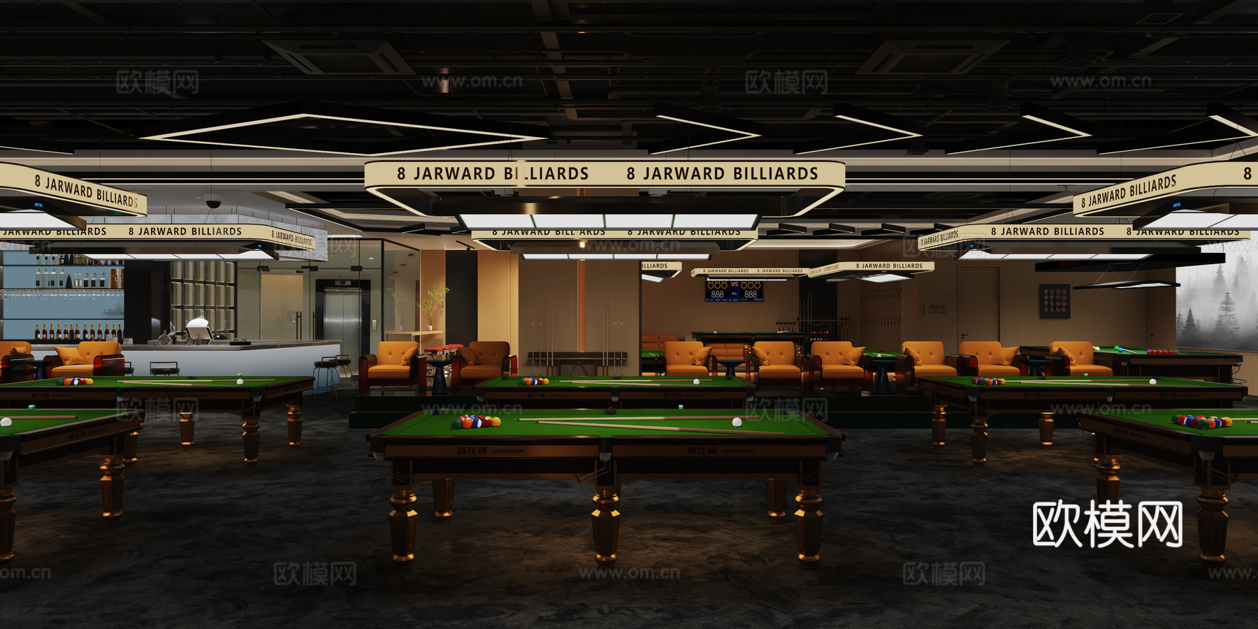 现代原木商务台球厅3d模型下载（渲染图6）