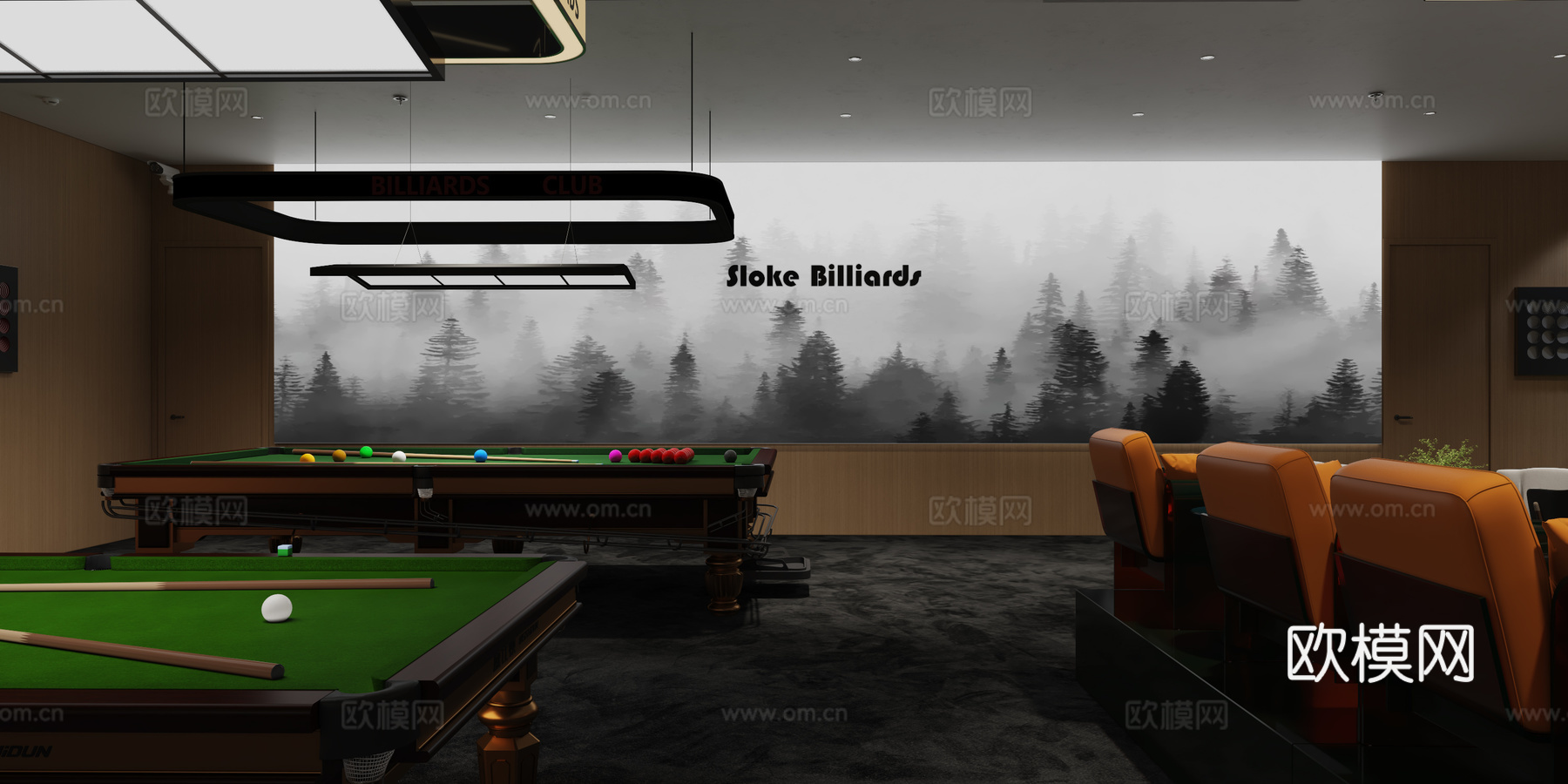 现代原木商务台球厅3d模型下载（渲染图3）