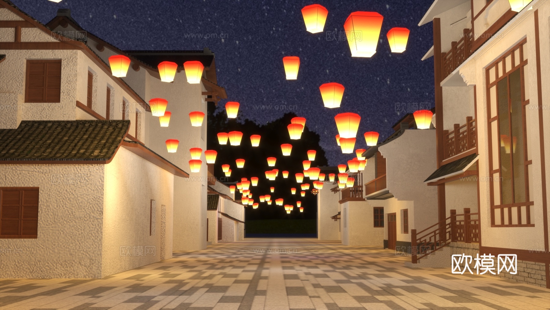 灯笼街道 灯笼吊饰 诗句吊饰装饰 鱼灯灯笼 孔明灯 灯笼通道3d模型下载（渲染图4）