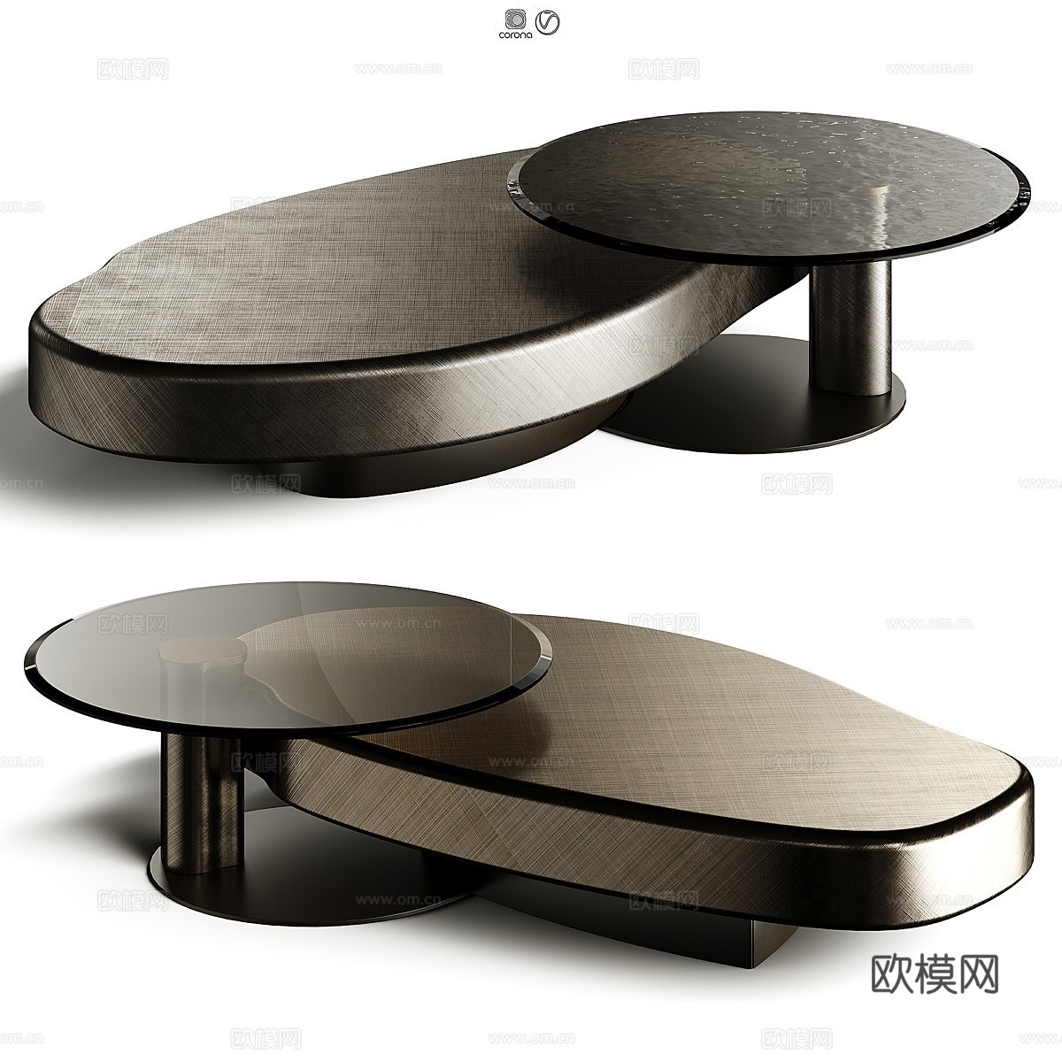 现代意式轻奢金属玻璃茶几组合3d模型