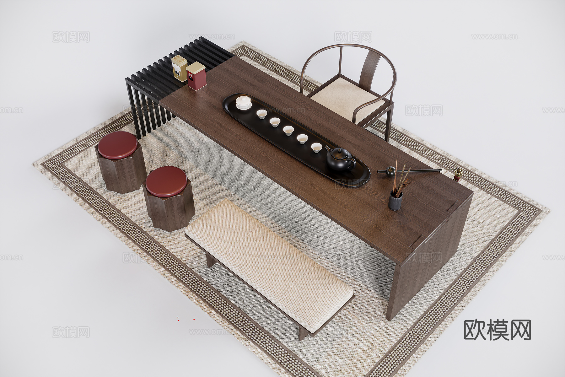 新中式茶桌组合su模型