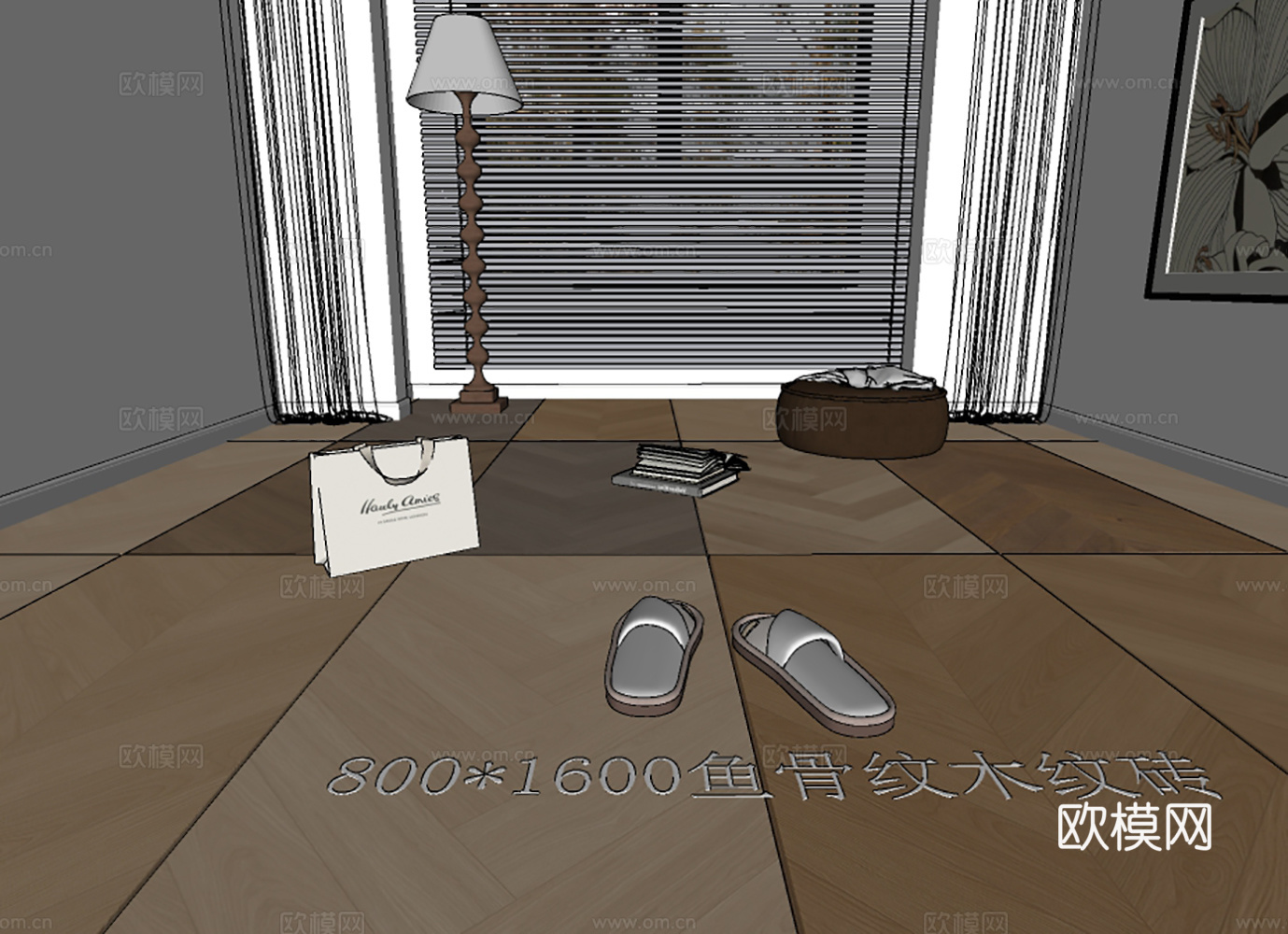 现代鱼骨纹木纹砖 木地板su模型