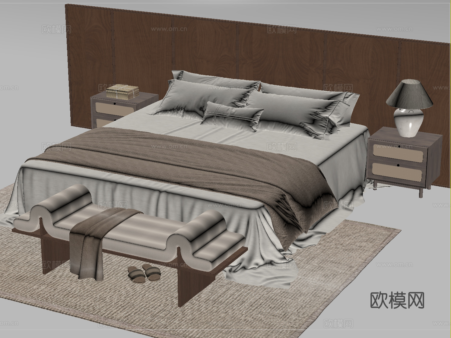 中古双人床 床头柜su模型