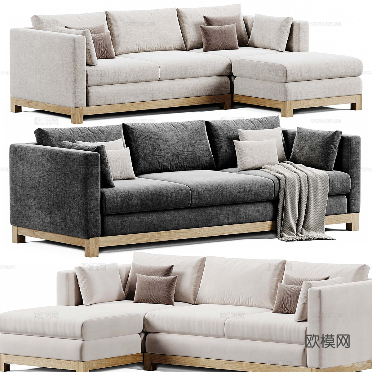 新中式 Pacific Wood 木制布艺组合转角沙发3d模型下载（渲染图1）