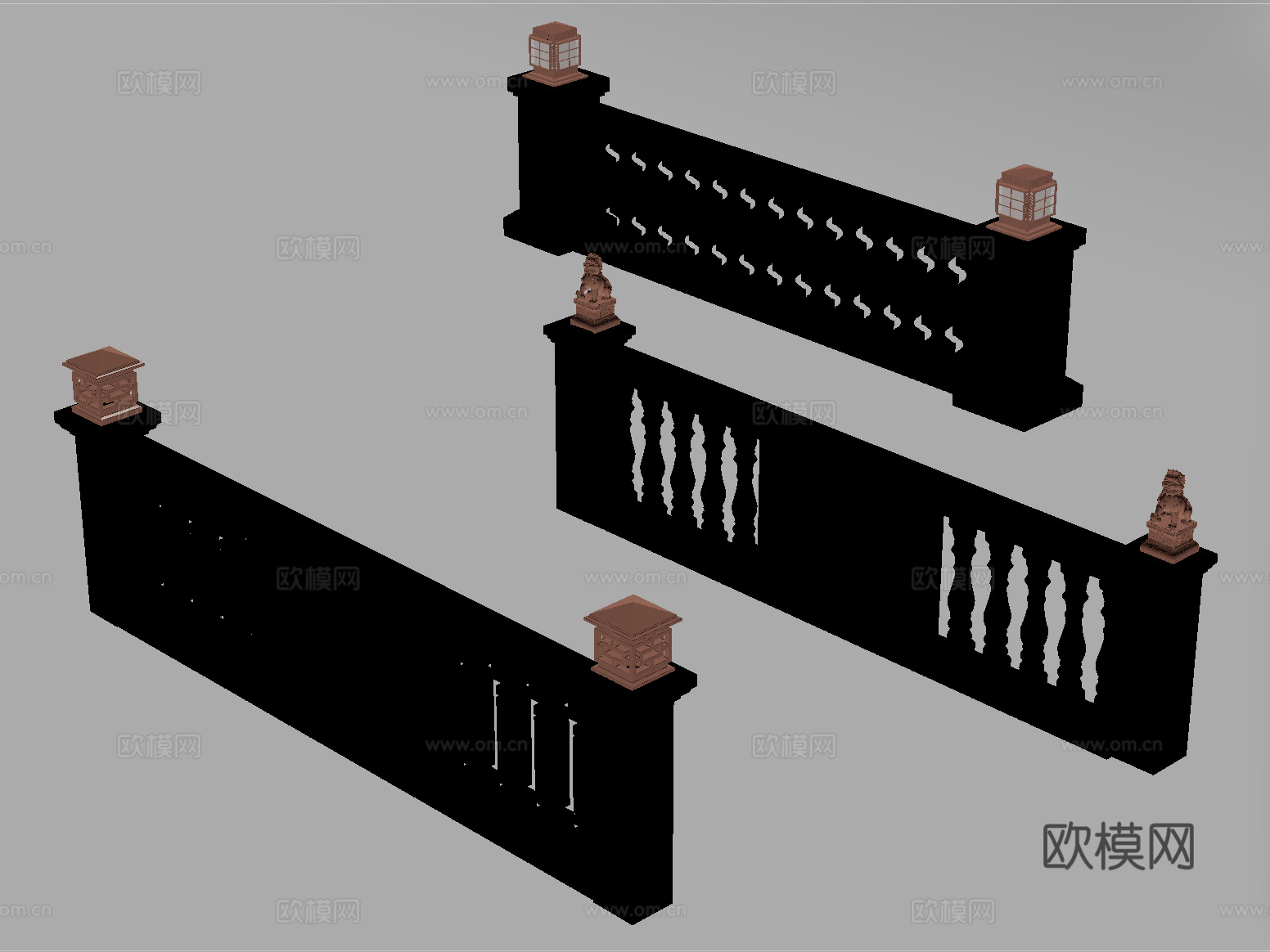 新中式石材栏杆 围栏 护栏 栏杆su模型