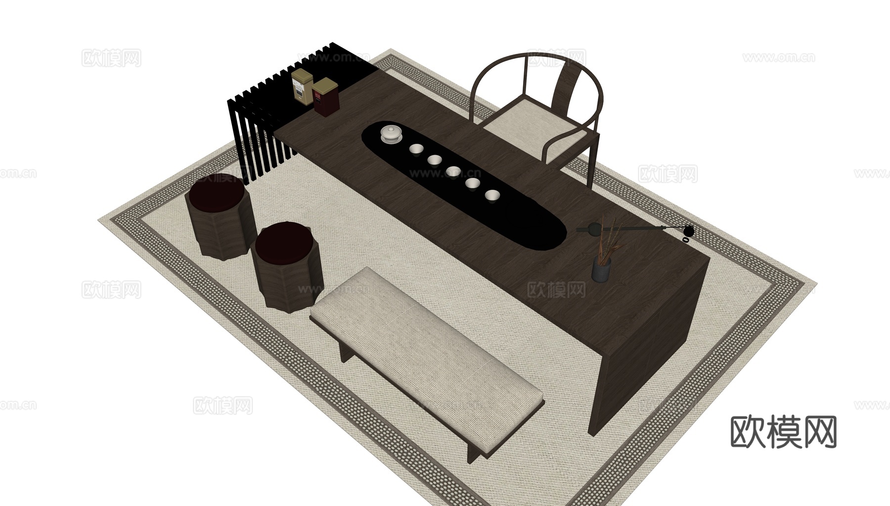 新中式茶桌组合su模型