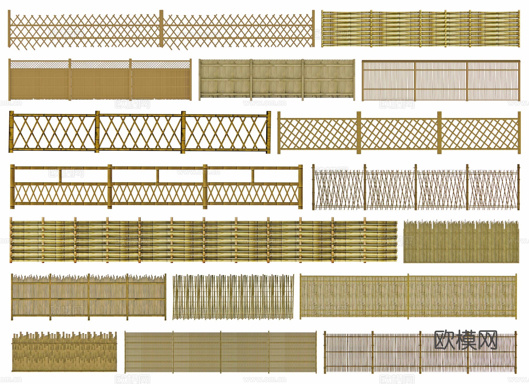 中式竹篱笆 木栏杆 木栅栏 木围栏格栅 竹子木护栏 乡村篱笆3d模型下载