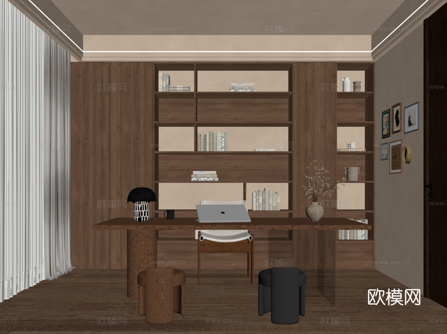 中古风书房 书柜 书桌椅su模型