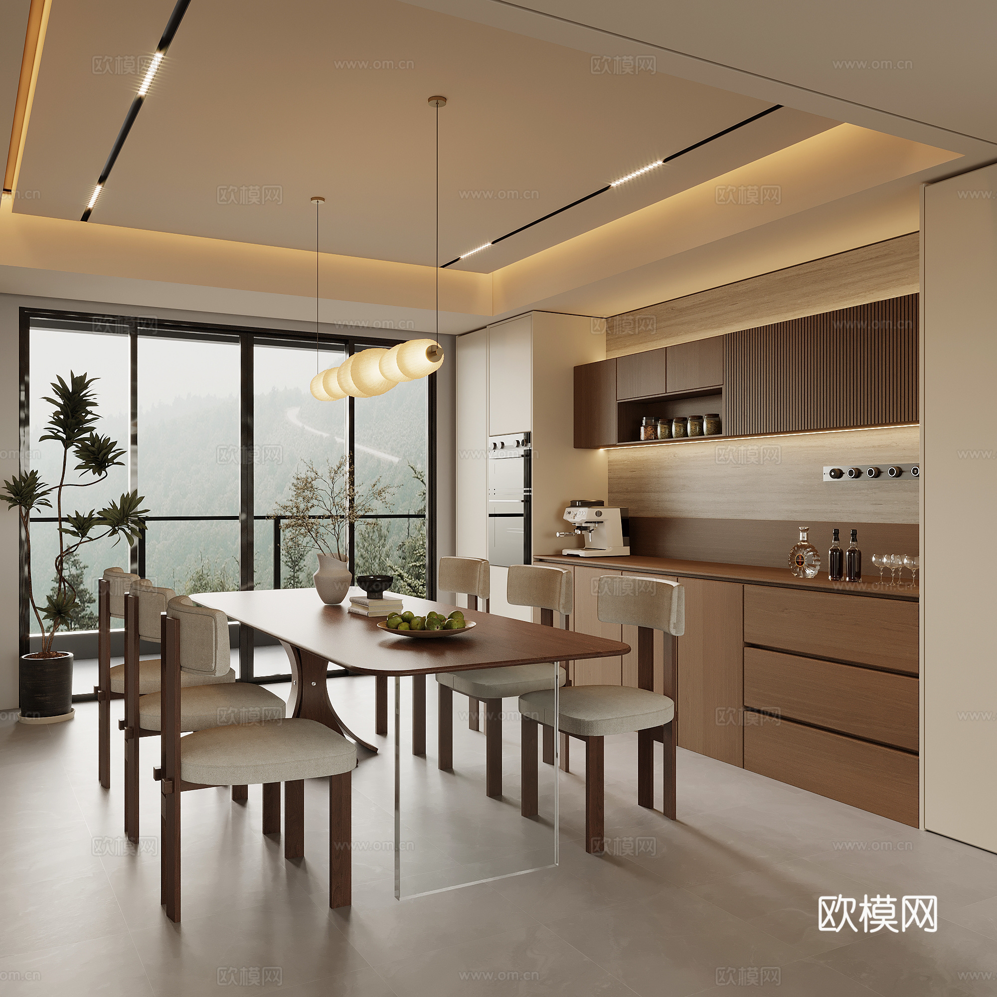 中古风餐厅 酒柜 餐桌椅su模型