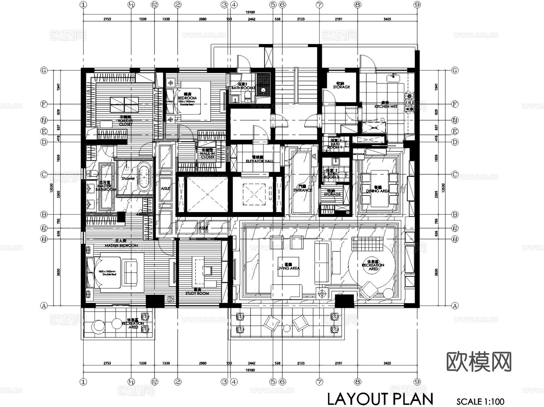 上海欧式四室两厅三卫私宅室内家装CAD施工图cad施工图