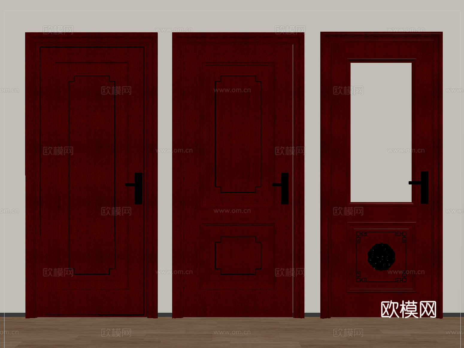 中式实木单开门 入户门 长虹玻璃平开门su模型