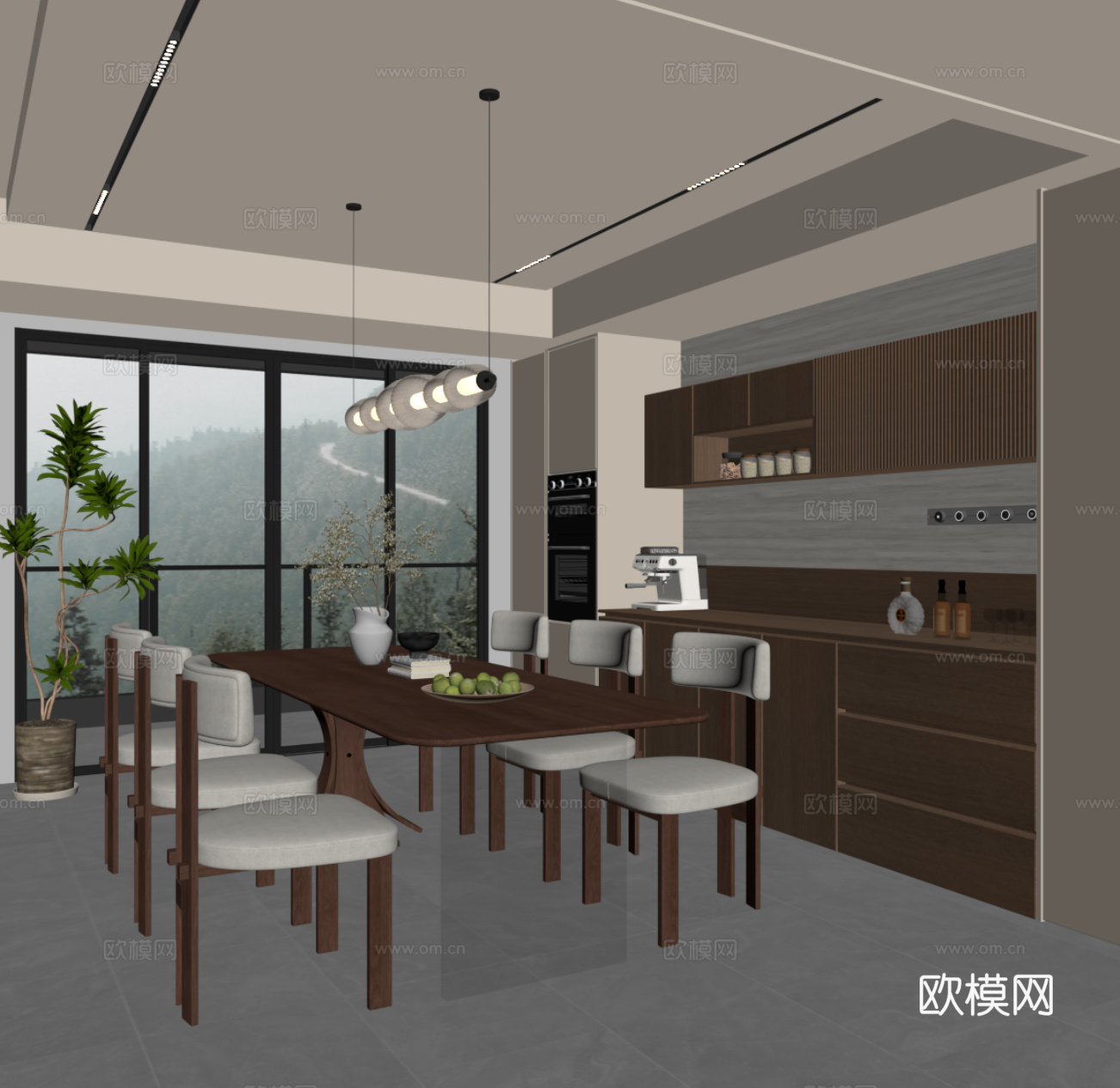 中古风餐厅 酒柜 餐桌椅su模型