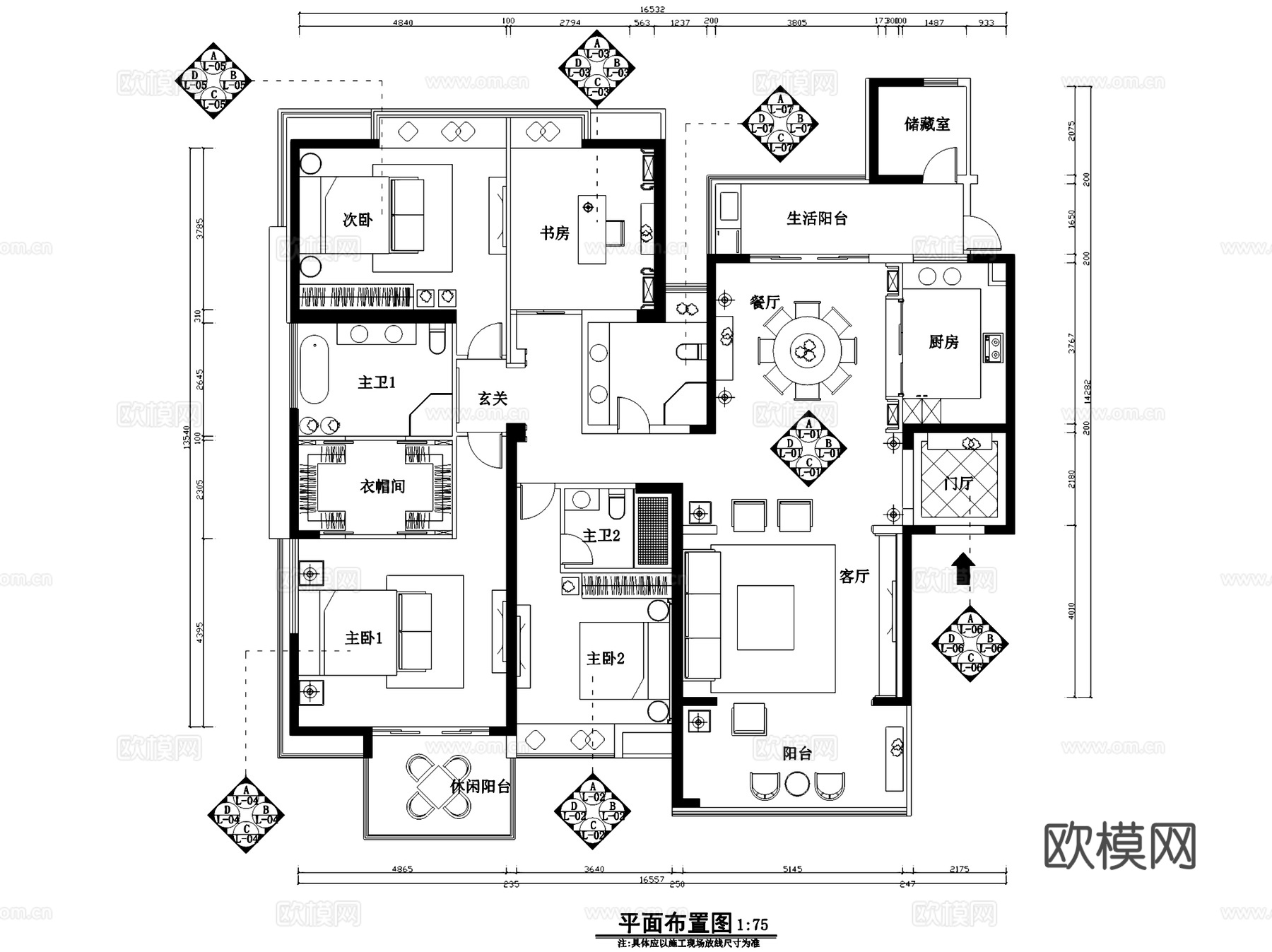 现代简约四室两厅三卫室内家装CAD施工图cad施工图