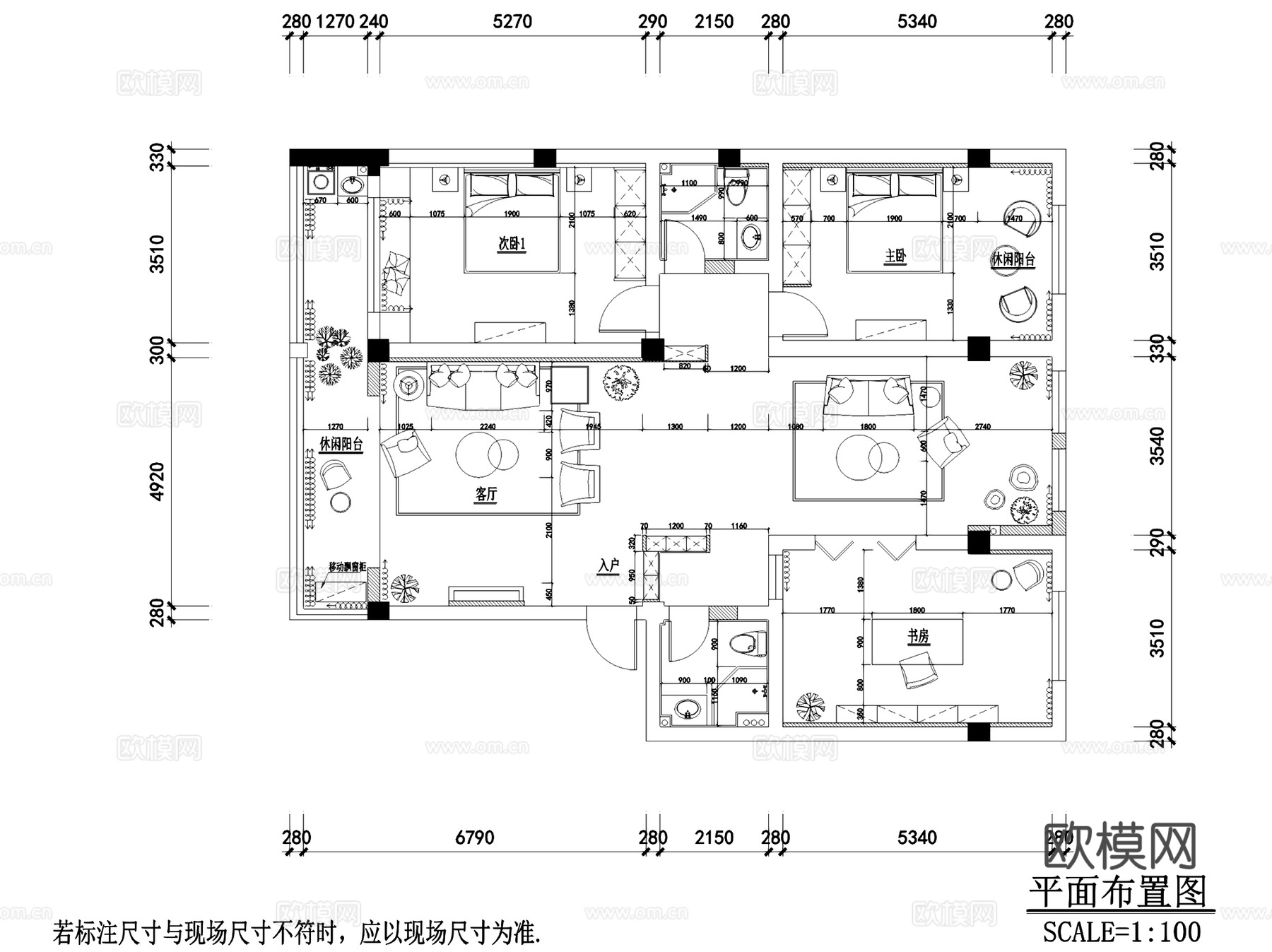 三室两厅欧式平层室内家装CAD施工图+3Dmax模型cad施工图