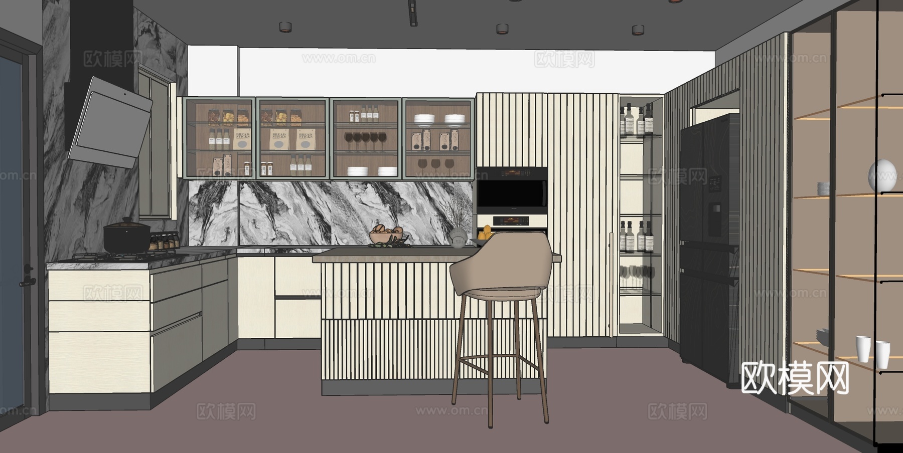 现代风格厨房 L型布局厨房 岛台一体式su模型