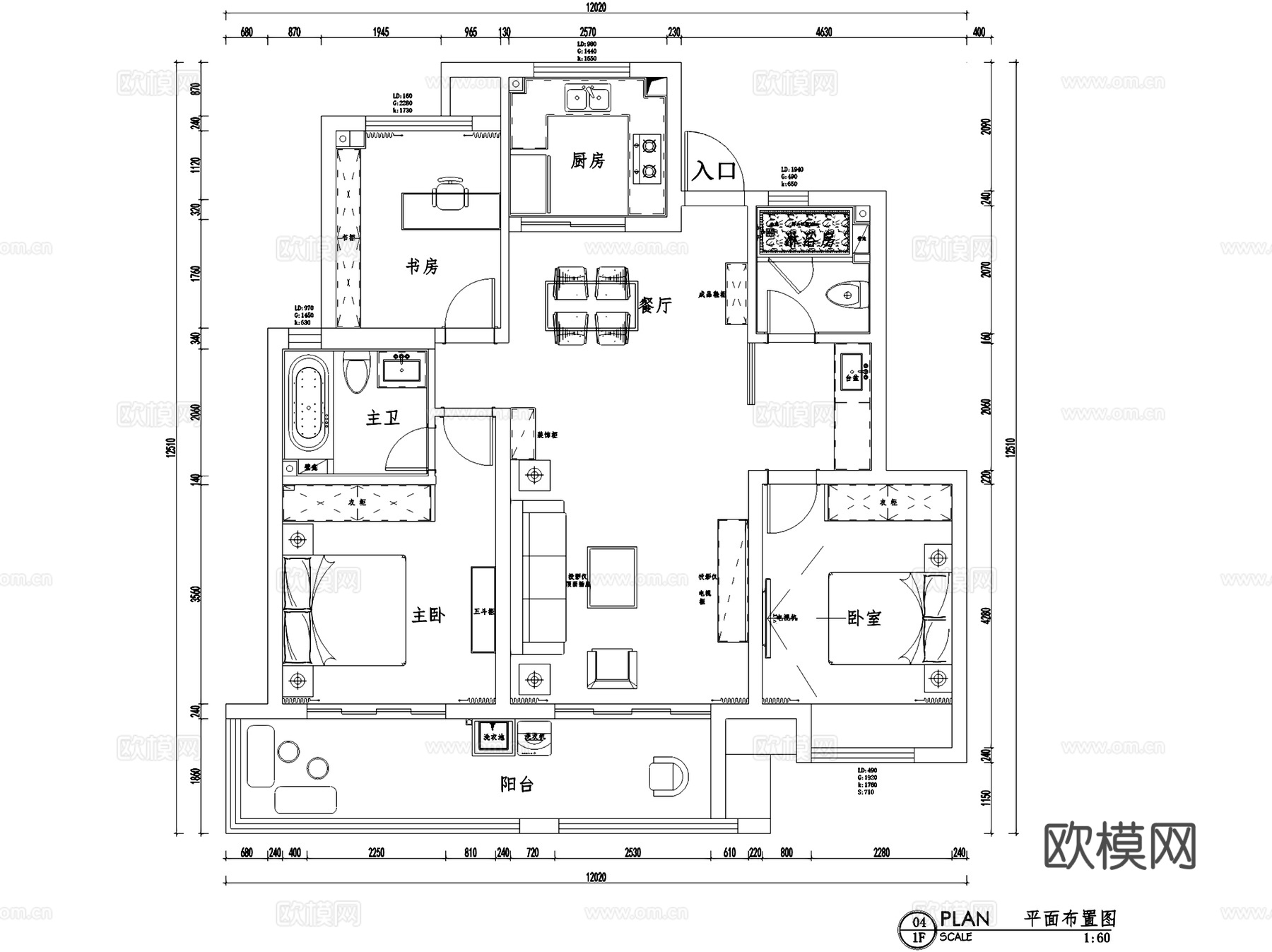 朗诗未来街区-素木三室两厅两卫室内家装CAD施工图整套cad施工图