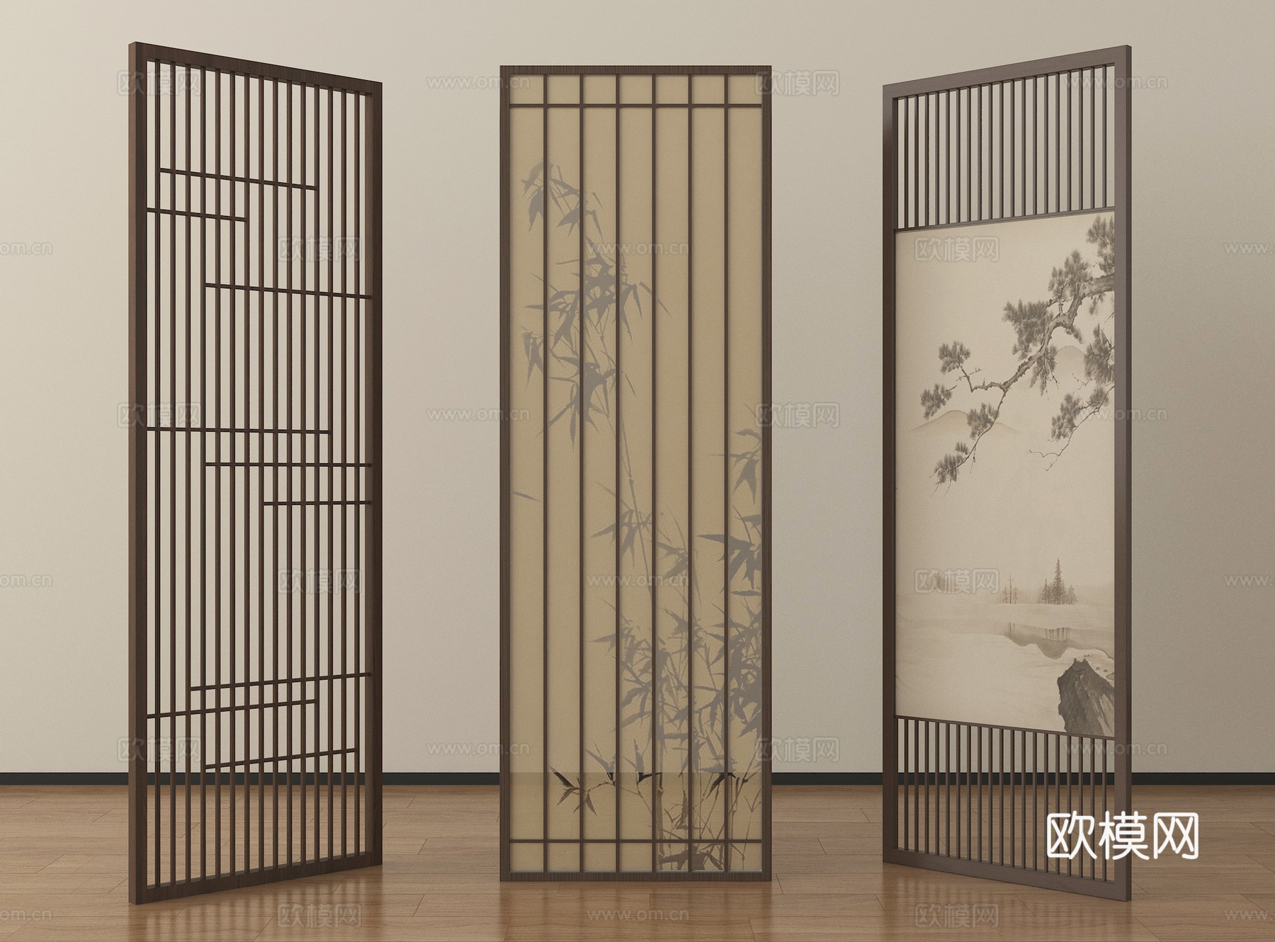 新中式屏风隔断 木屏风 格栅屏风su模型