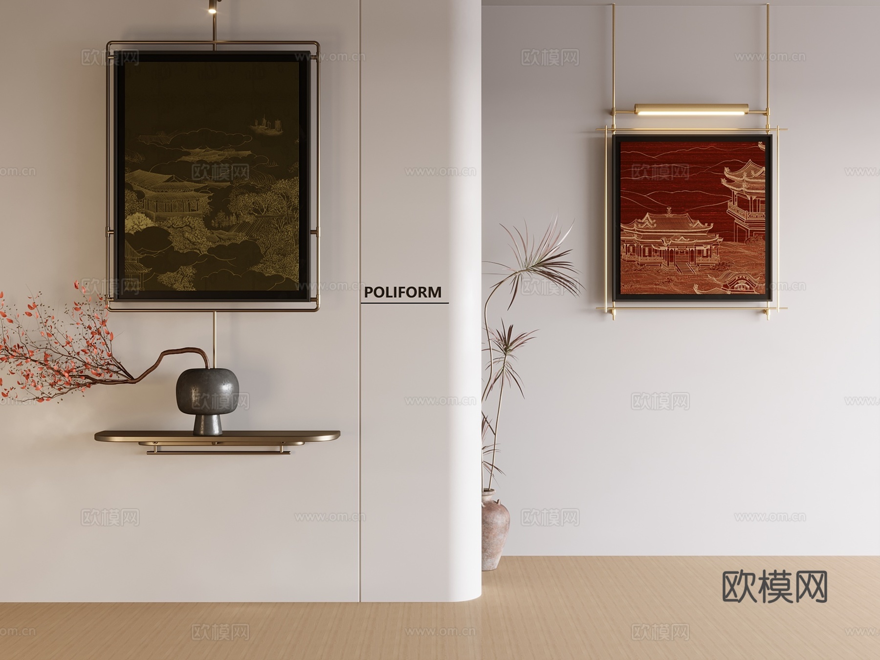 新中式禅意挂画 山水画 花鸟国画 书房挂画 办公室挂画 办公su模型