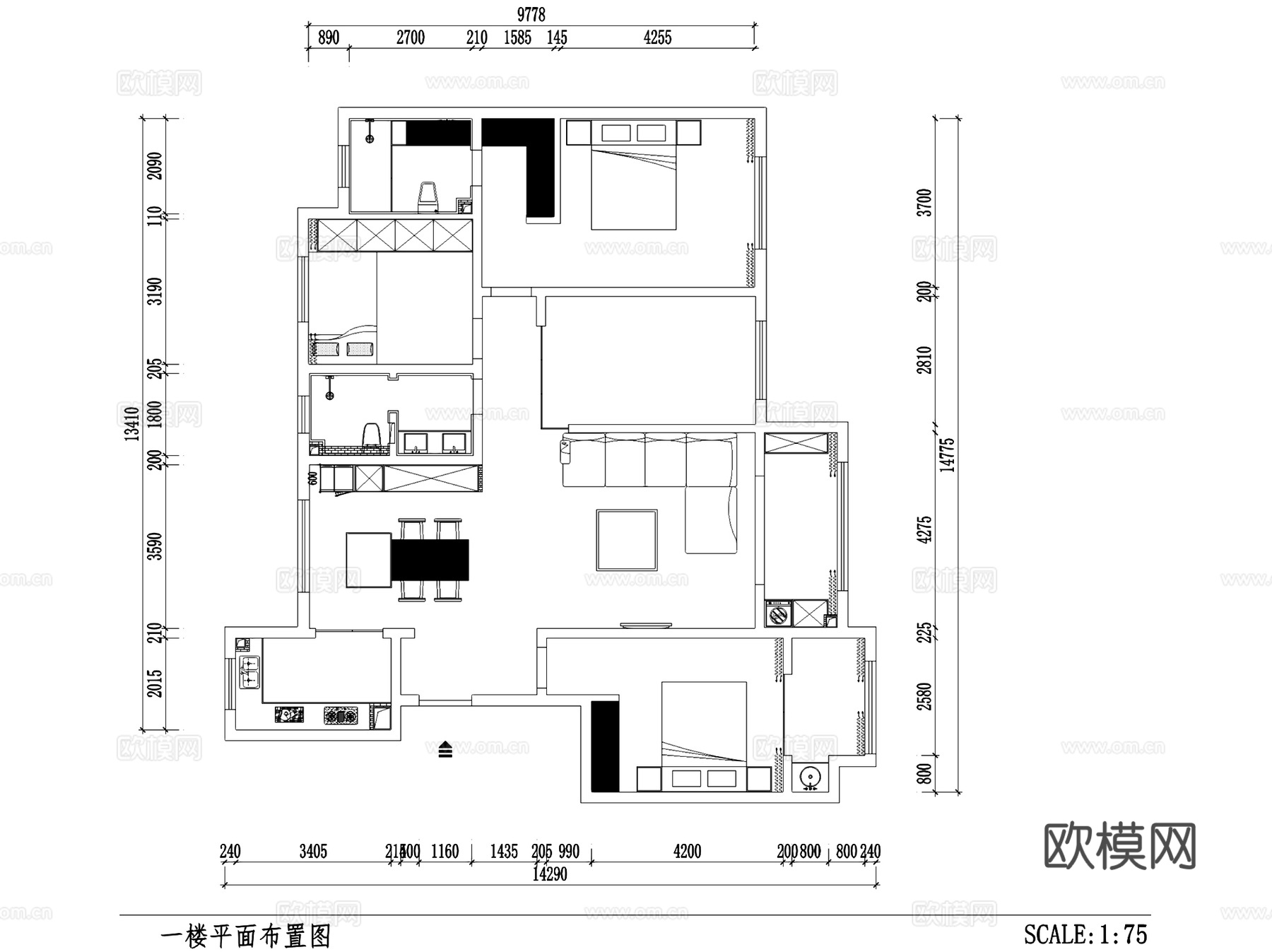 现代三室两厅平层室内家装CAD施工图+3Dmax模型cad施工图