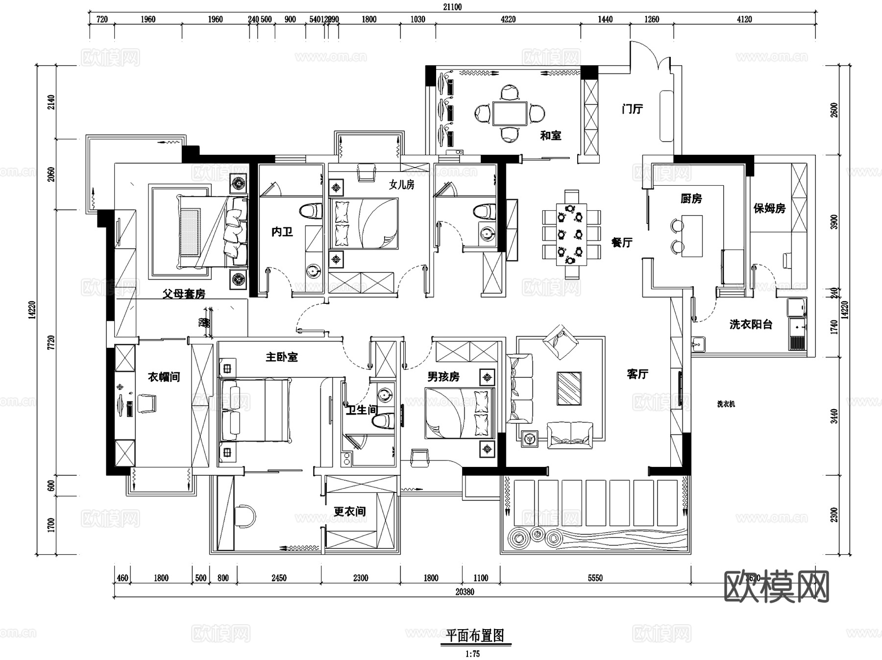 五室两厅三卫大平层室内家装CAD施工图cad施工图