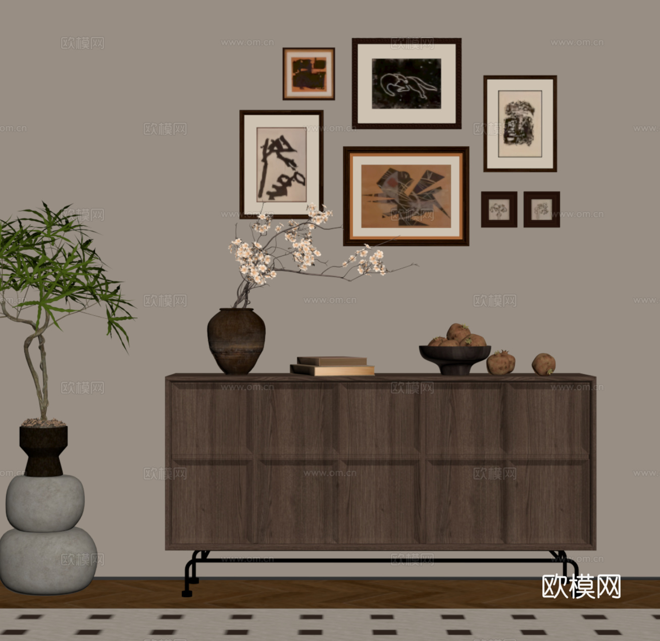 中古风玄关柜 端景柜su模型