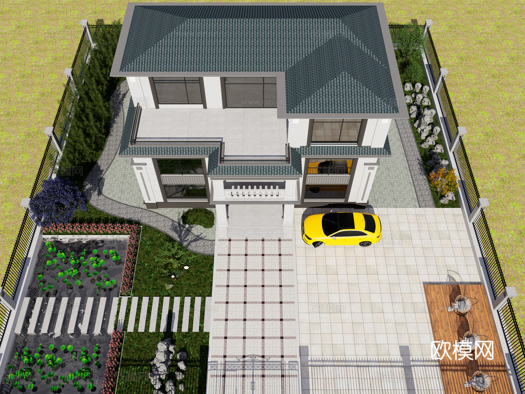 新中式轻奢独栋别墅 三层独栋别墅 新中式自建别墅 中式庭院3d模型下载（渲染图4）