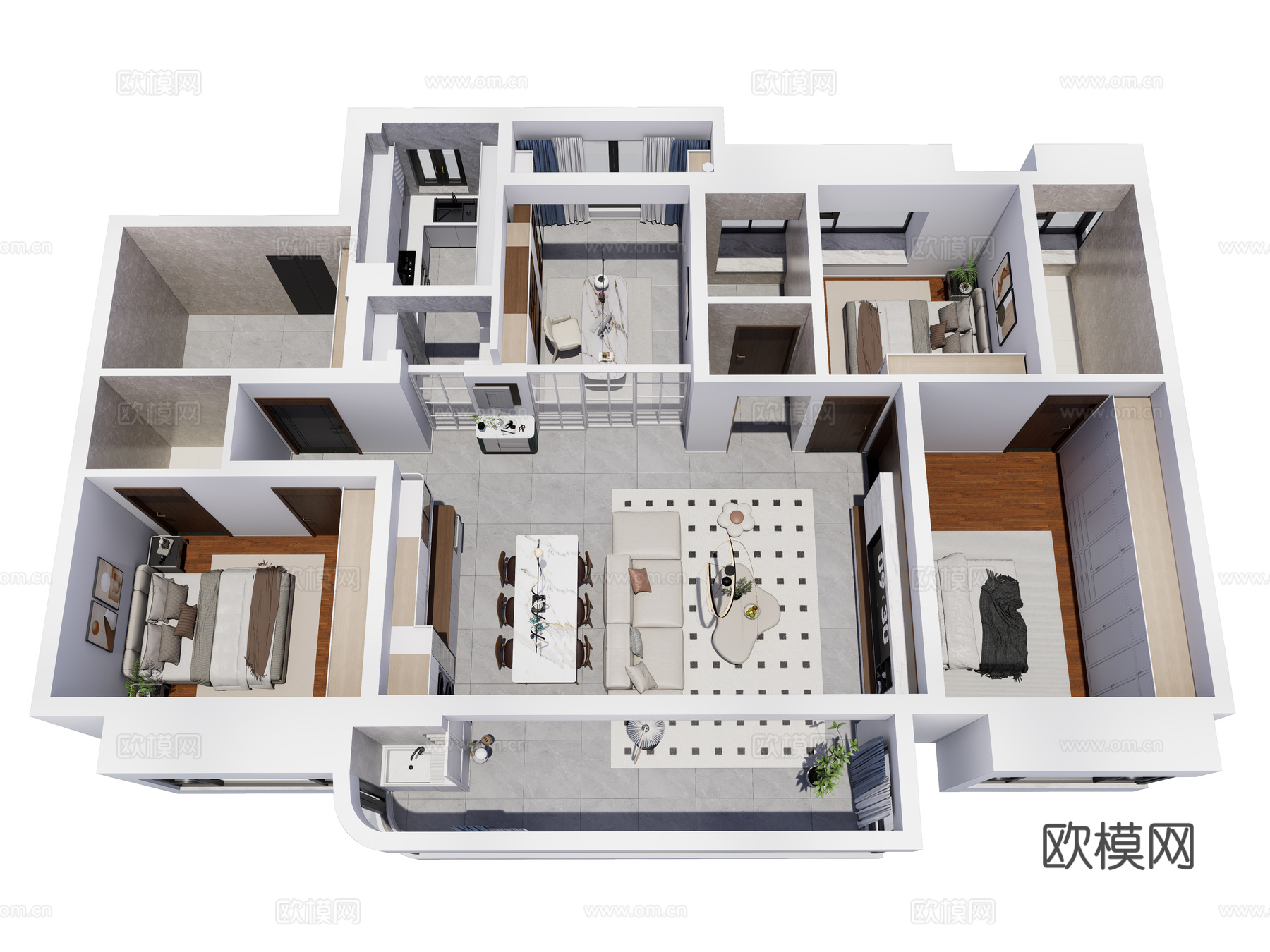 现代简约家装鸟瞰 简约室内家装空间 鸟瞰图 现代家装样板房3d模型下载（渲染图1）