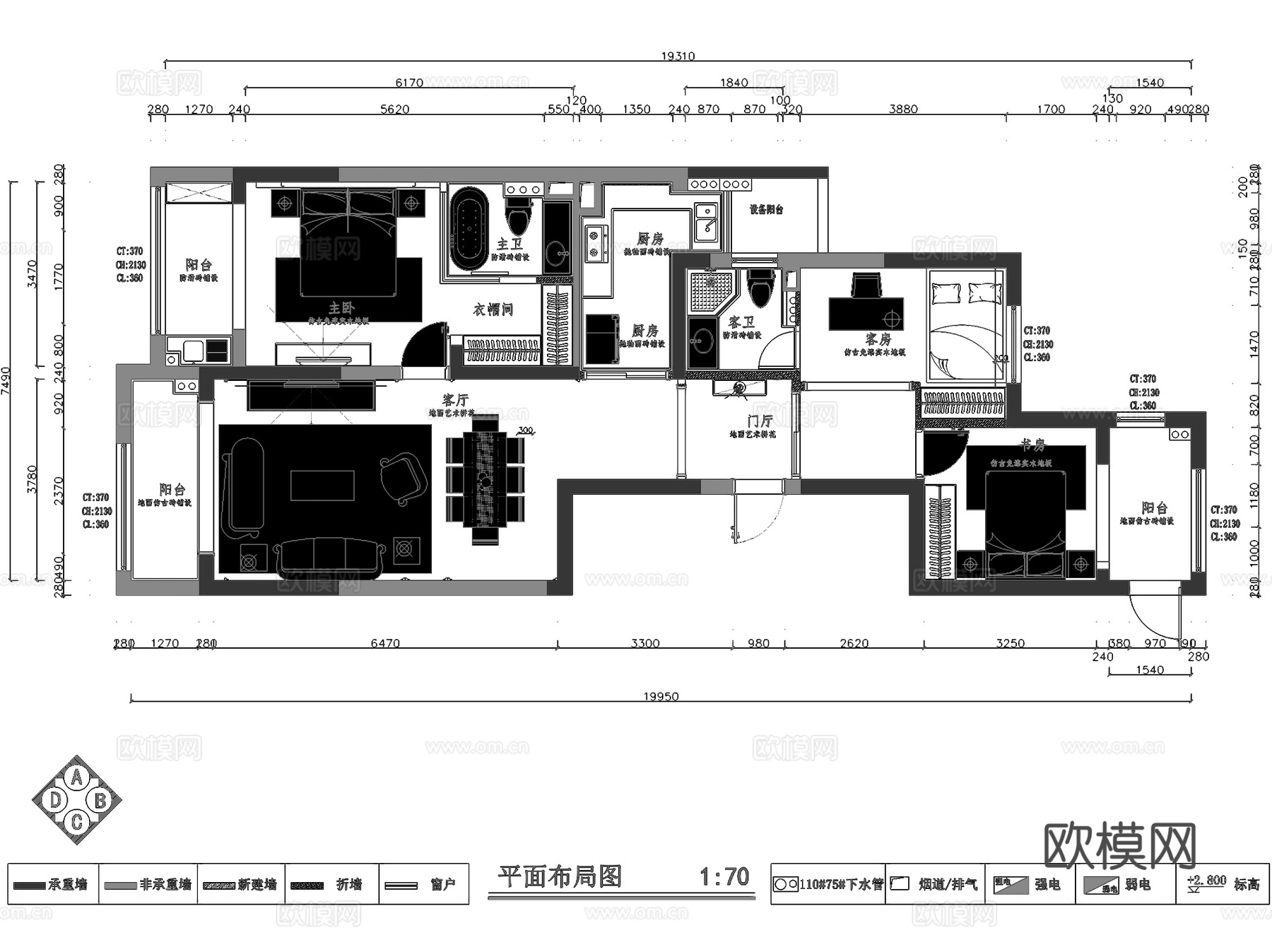 峙山庄园170#2302新中式三室两厅两卫室内家装CADcad施工图