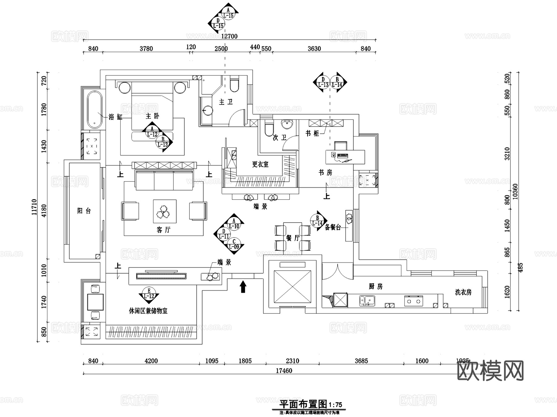 两室两厅两卫平层住宅室内家装CAD施工图cad施工图