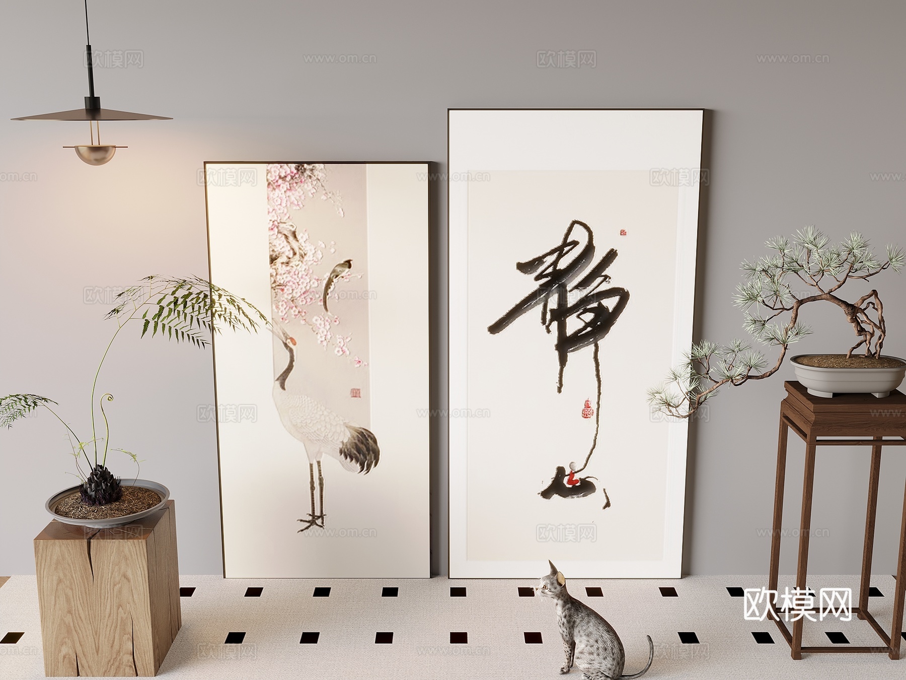 新中式禅意挂画 山水画 花鸟国画 书房挂画 办公室挂画 办公su模型