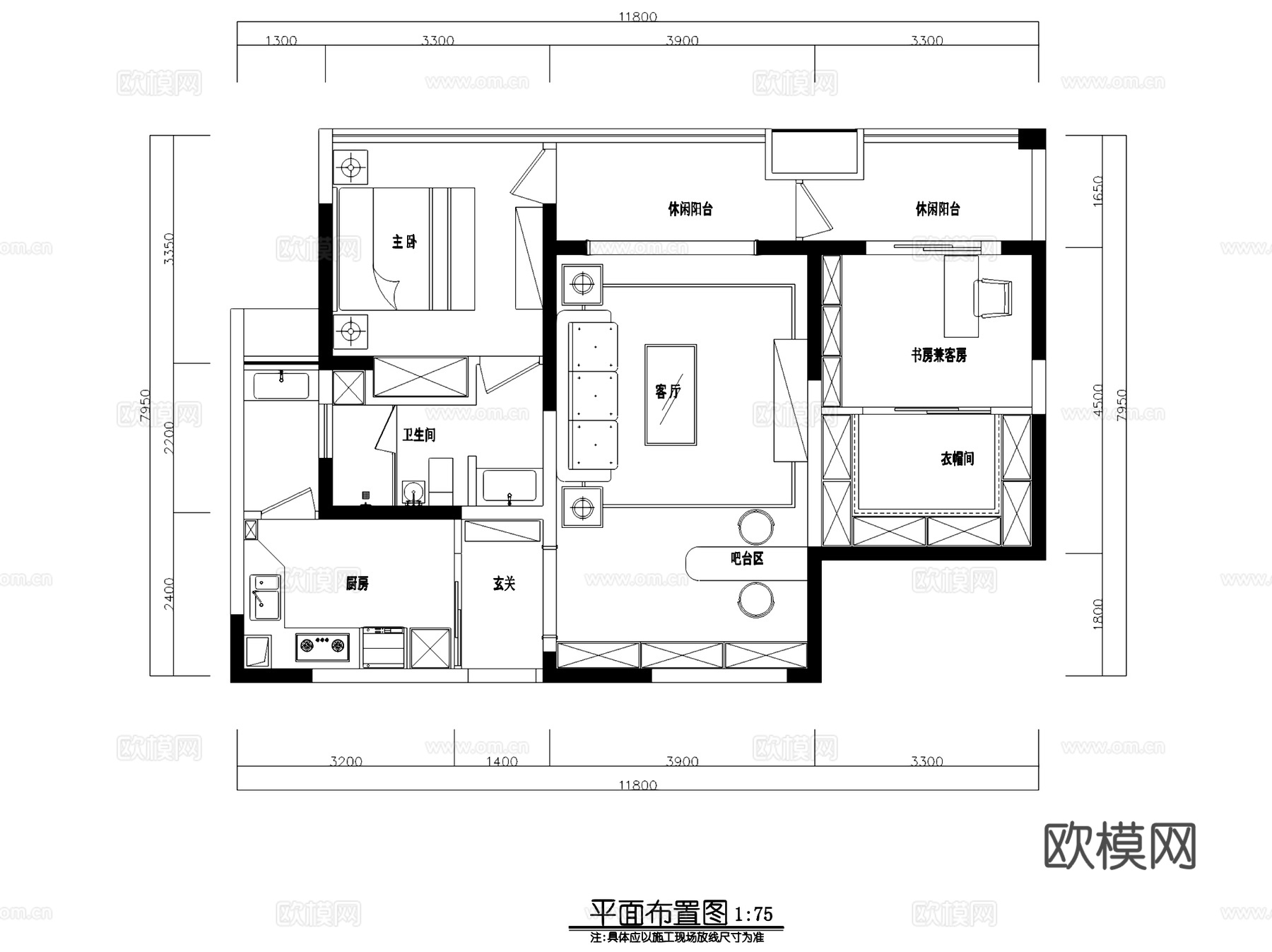 美式复古私宅两室一厅一卫室内家装CAD施工图cad施工图