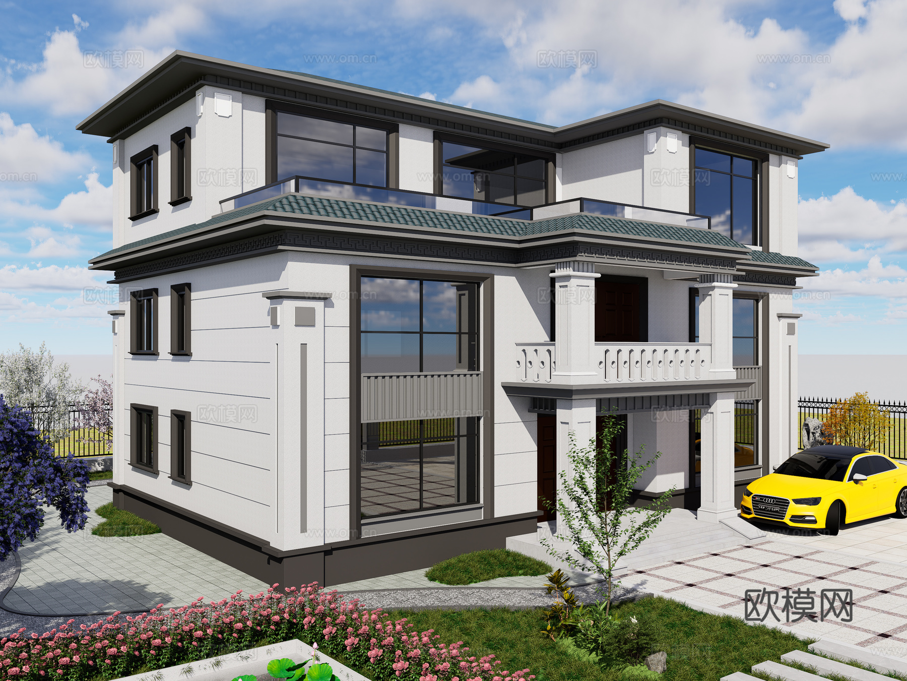 新中式轻奢独栋别墅 三层独栋别墅 新中式自建别墅 中式庭院3d模型下载（渲染图1）