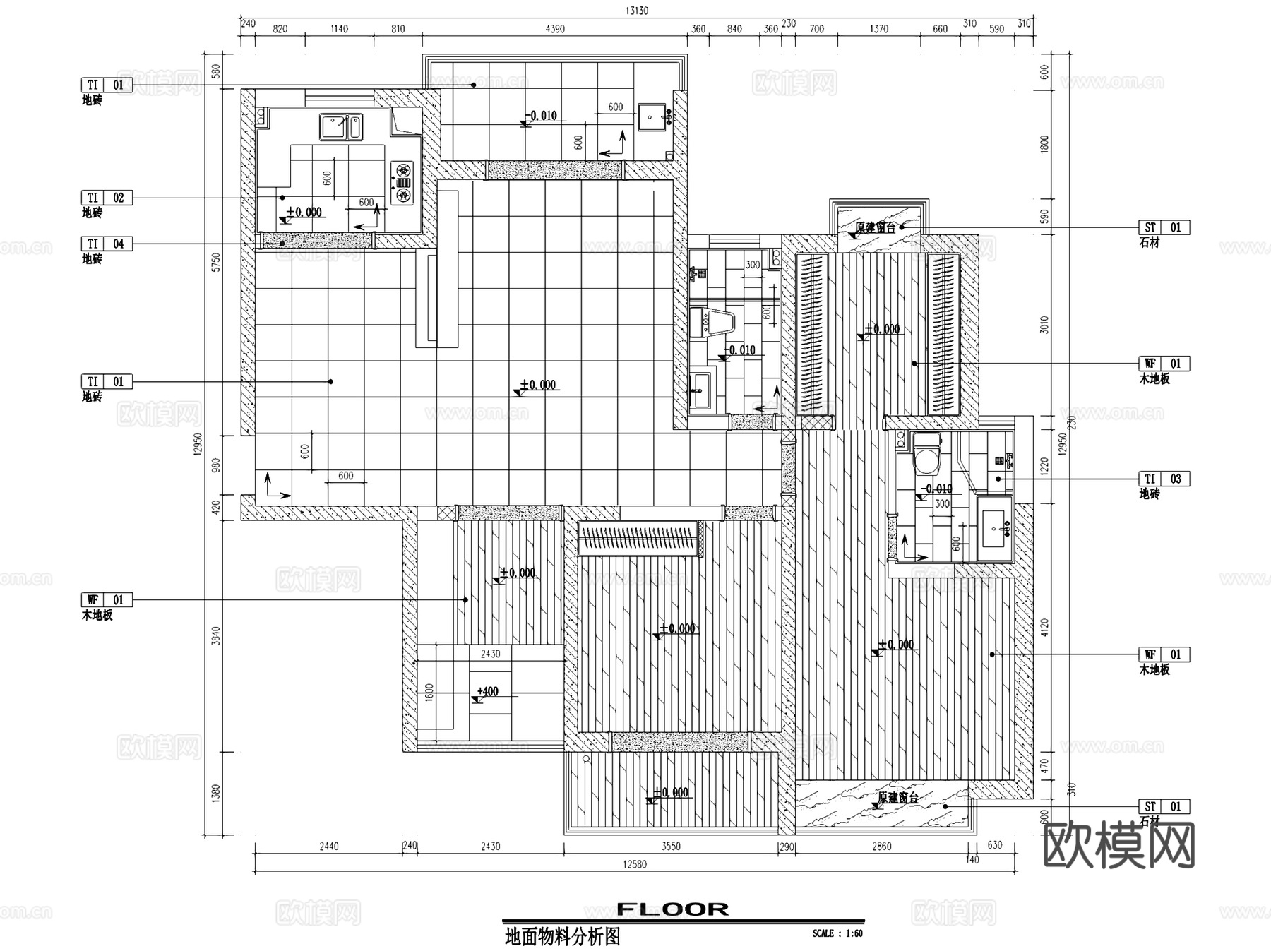 天虹国际3#2604三室两厅室内家装CAD施工图cad施工图