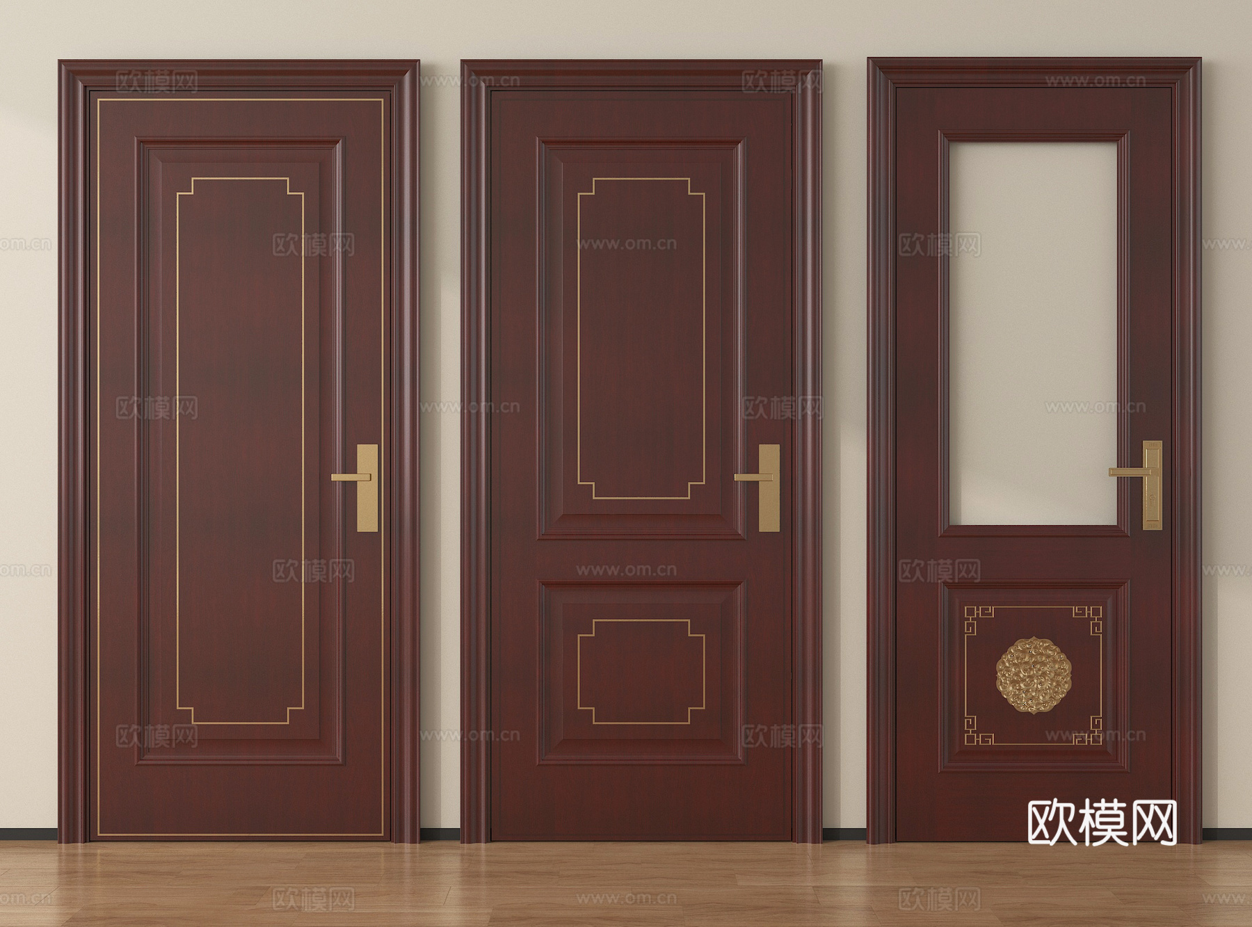 中式实木单开门 入户门 长虹玻璃平开门su模型