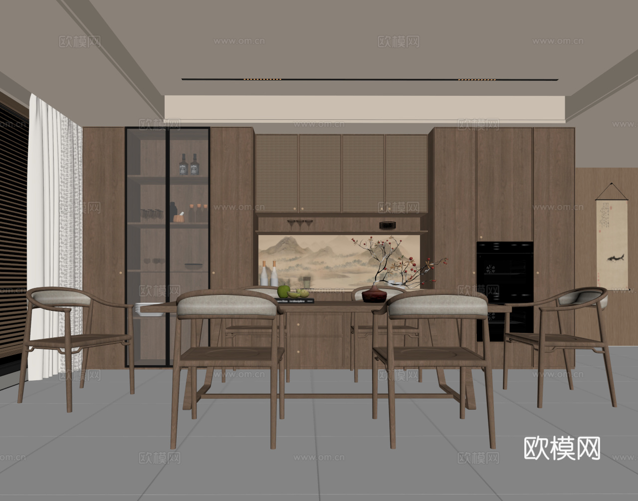 新中式餐厅 餐桌椅 餐边柜 酒柜su模型