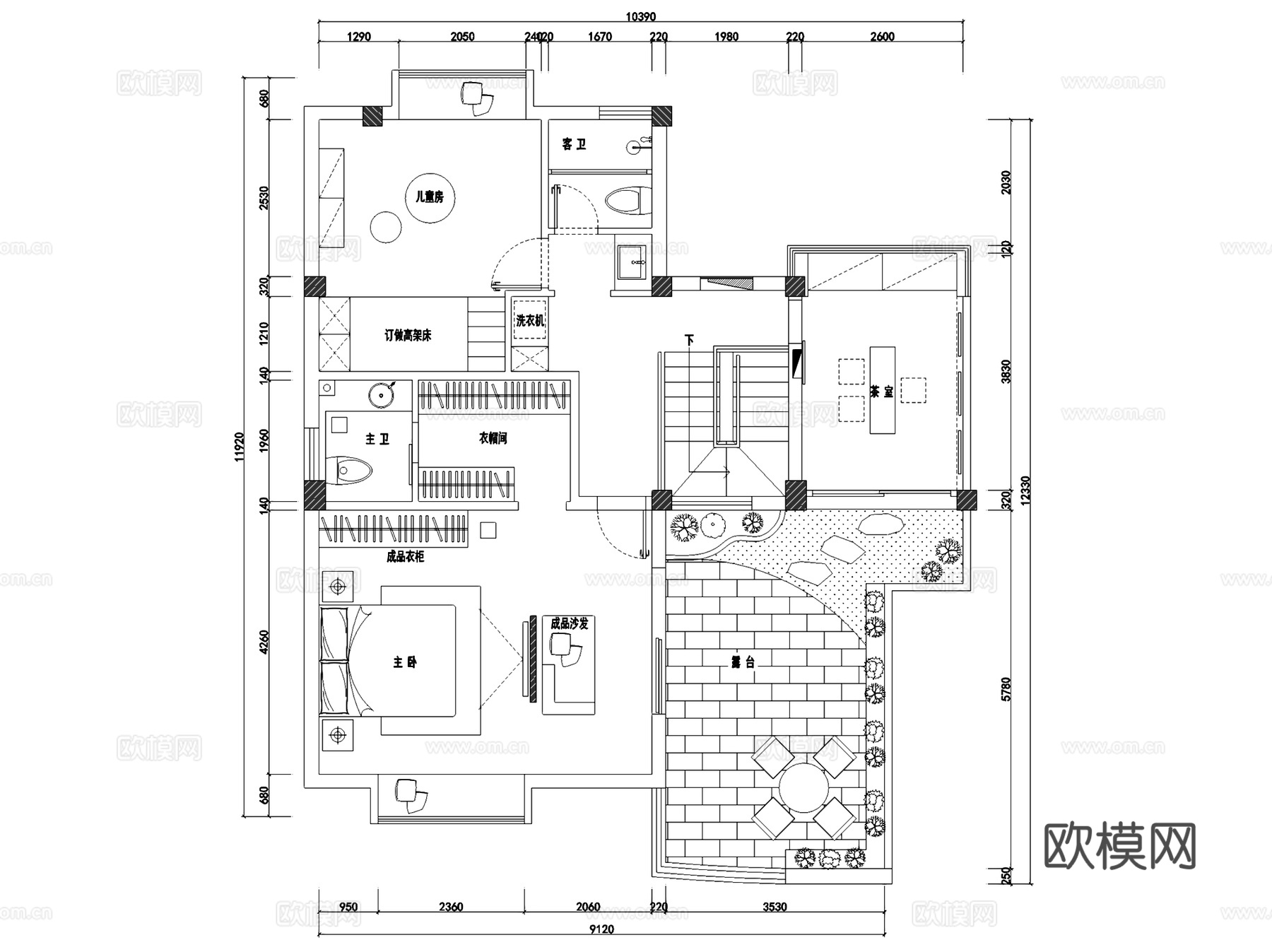 现代黑白风二层别墅室内家装CAD施工图+3Dmax模型cad施工图
