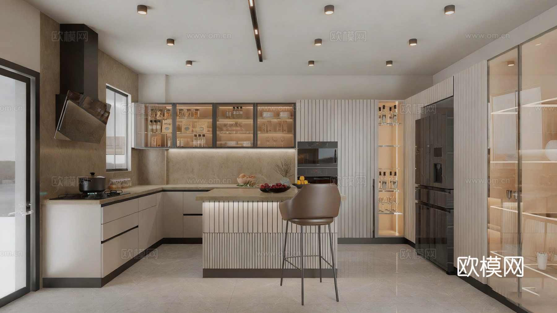 现代风格厨房 L型布局厨房 岛台一体式su模型