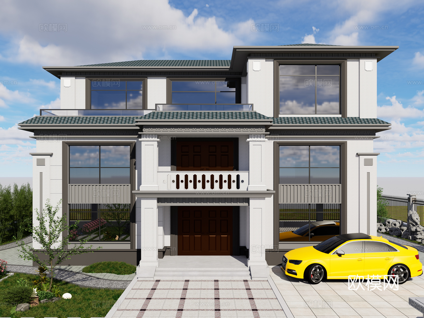 新中式轻奢独栋别墅 三层独栋别墅 新中式自建别墅 中式庭院3d模型下载（渲染图3）