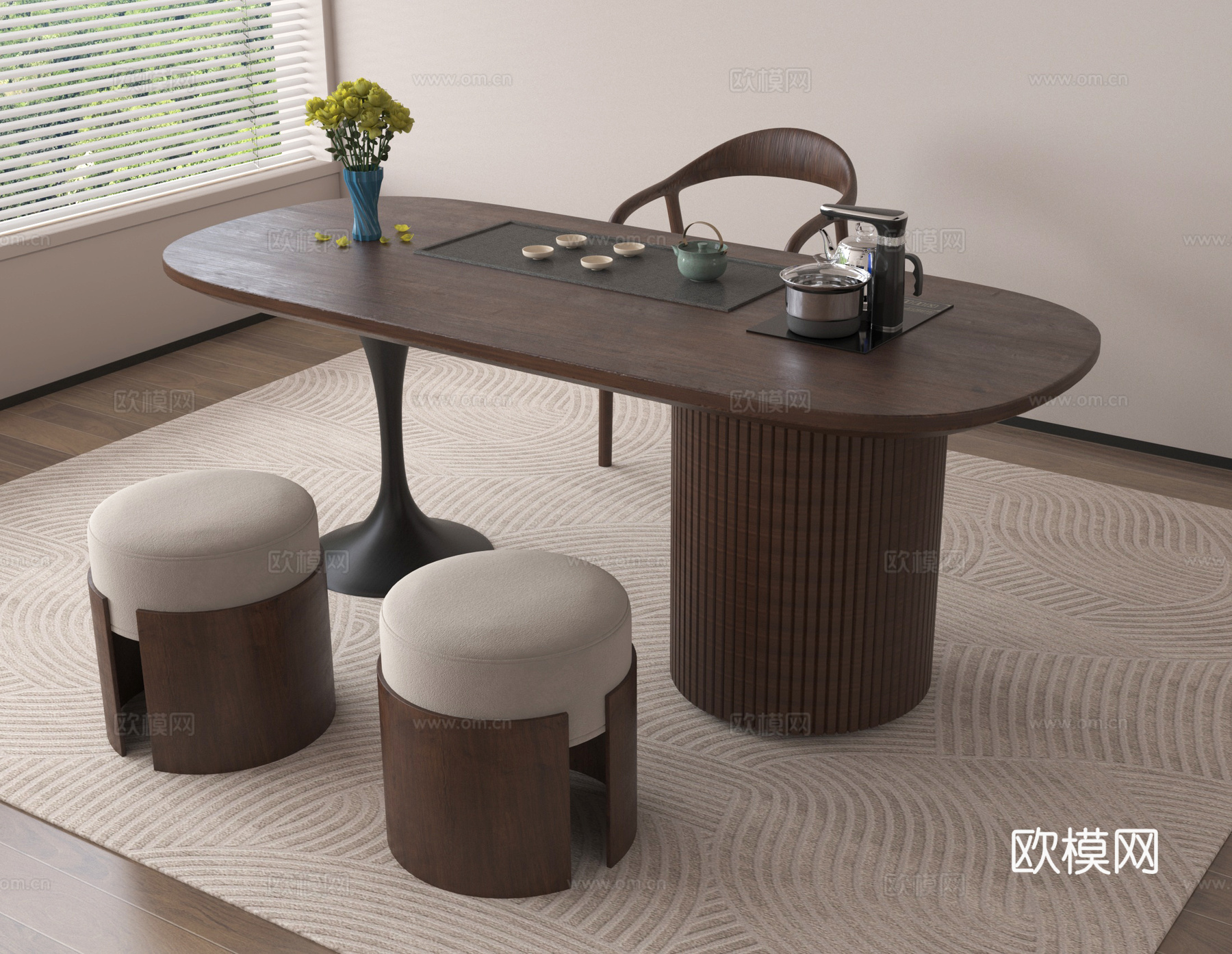 新中式茶桌椅组合 茶具3d模型下载