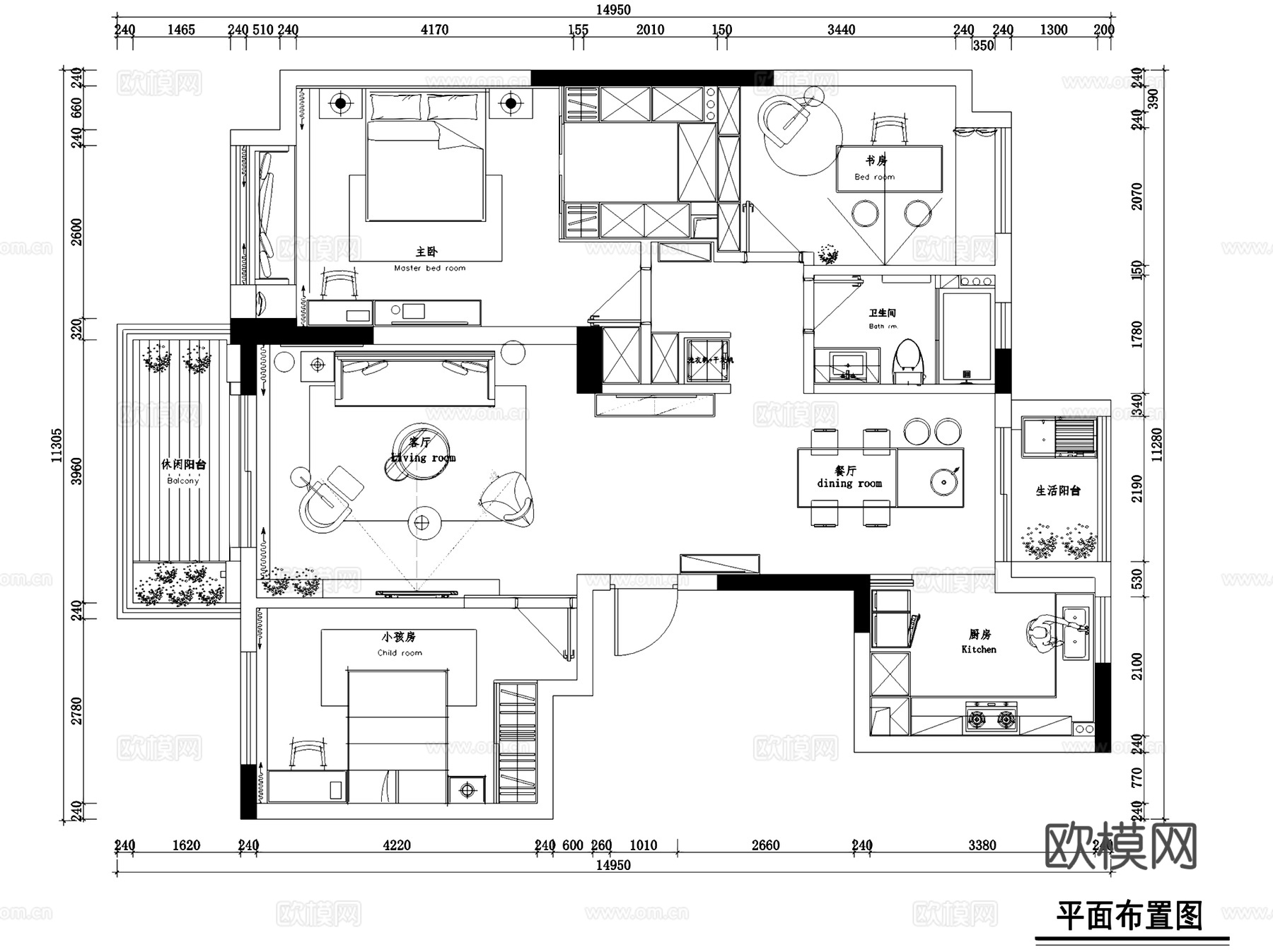 紫金府3-1-702三室两厅平层室内家装CAD施工图整套cad施工图