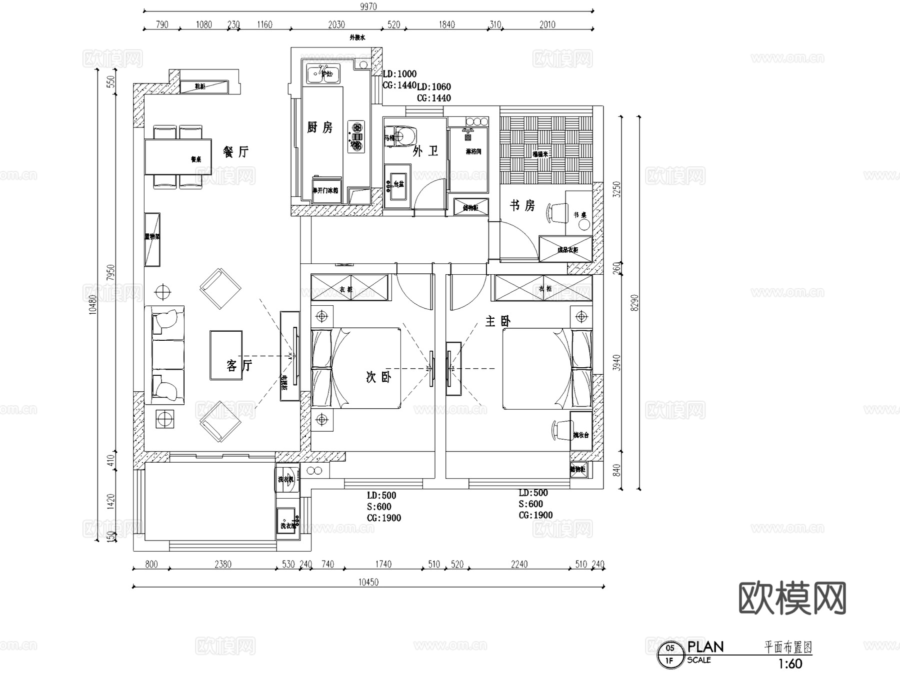 绿地华尔道北欧风三室两厅一卫室内家装CAD施工图cad施工图